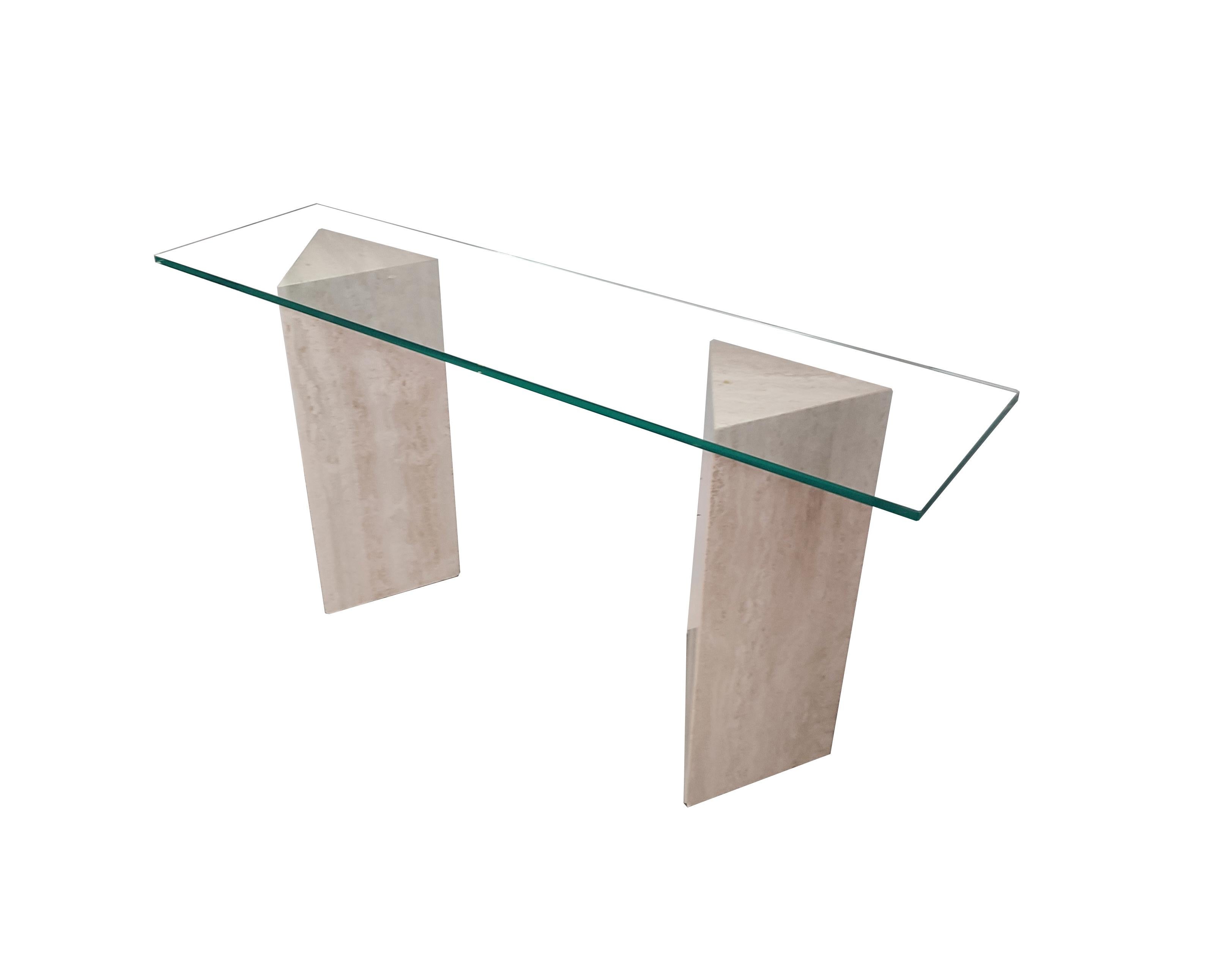 Tria Console Table Travertine Marble MidCentury '99 Modern Design Spain In Stock
The Tria polished travertine marble console table is a modern and contemporary MidCentury design that has been in stock since 1999. It consists of two triangular bases