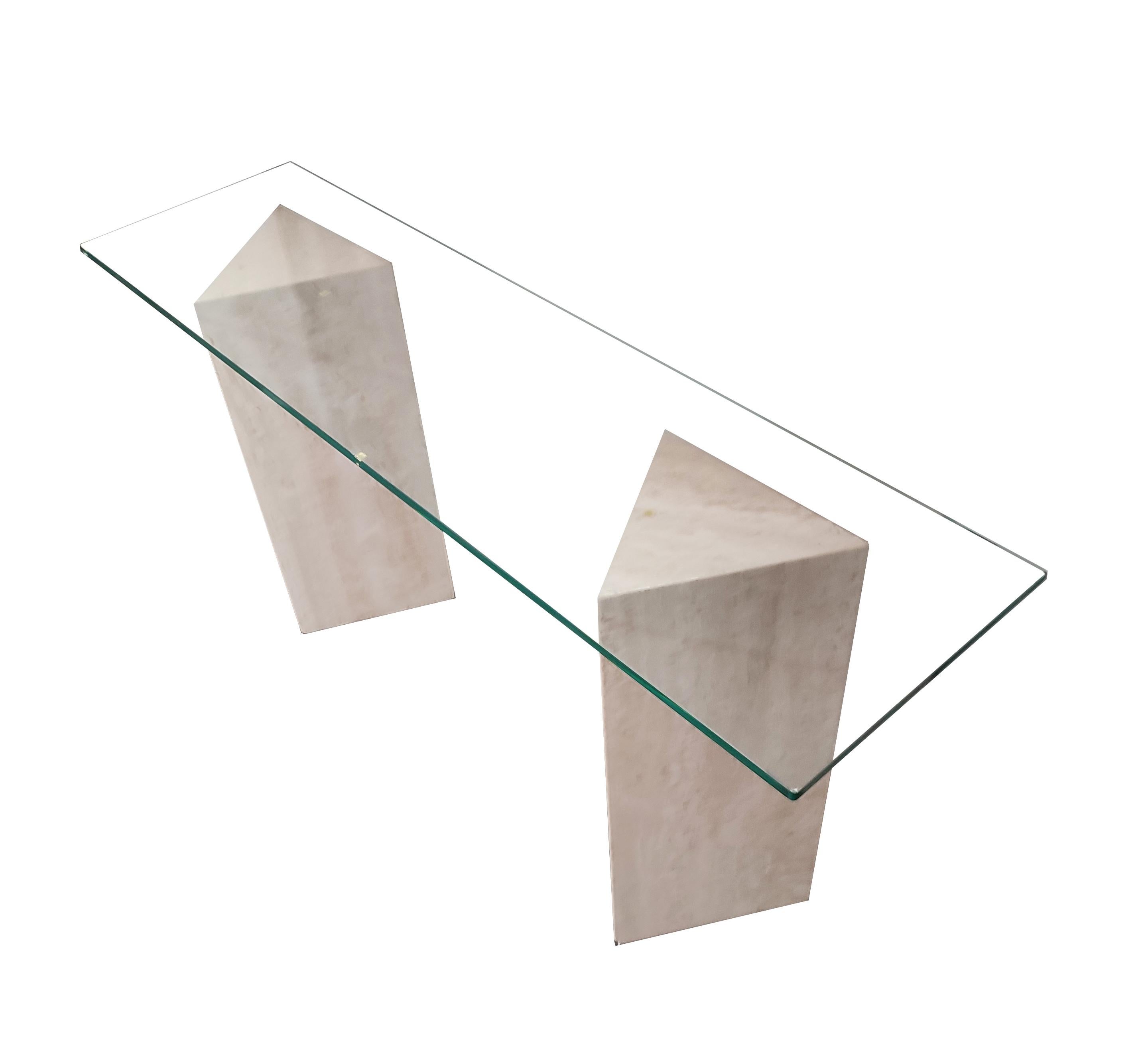 Hand-Crafted Tria Console Table Travertine Marble MidCentury '99 Modern Design Spain In Stock For Sale