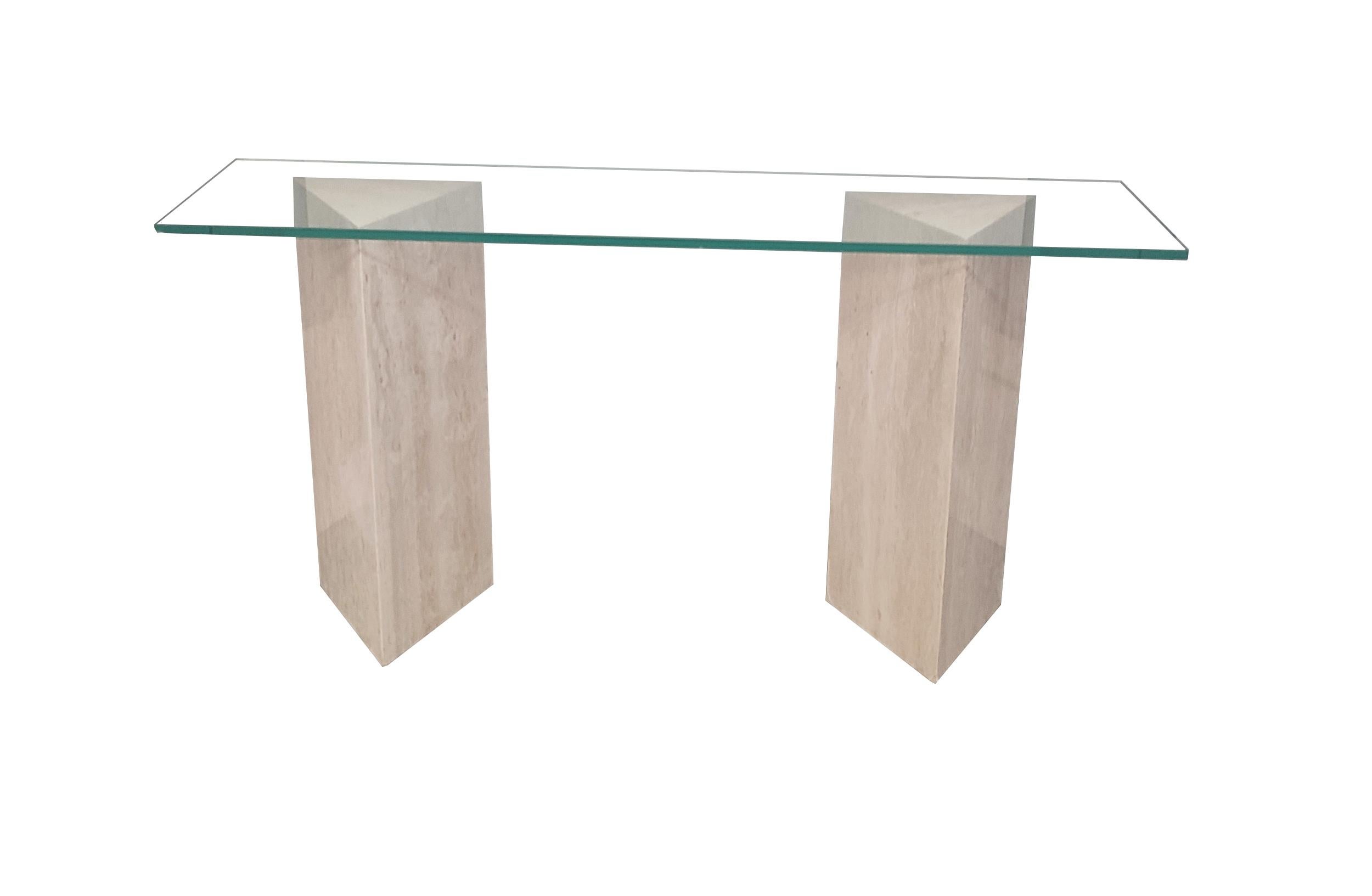 Late 20th Century Tria Console Table Travertine Marble MidCentury '99 Modern Design Spain In Stock For Sale