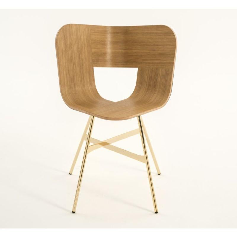 Tria gold 4 legs chair, natural oak seat by Colé Italia with Lorenz & Kaz (2019)
Dimensions: H 82.5, D 52, W 61 cm
Materials: Plywood chair with 4 metal legs in 3 possible finishing: black, golden, chrome.

Also available: tria; 3 legs, with