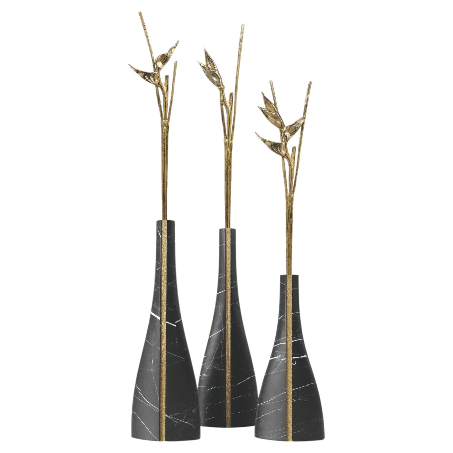 Tria Large Decorative Sculpture in Nero Marquina and Heliconias For Sale
