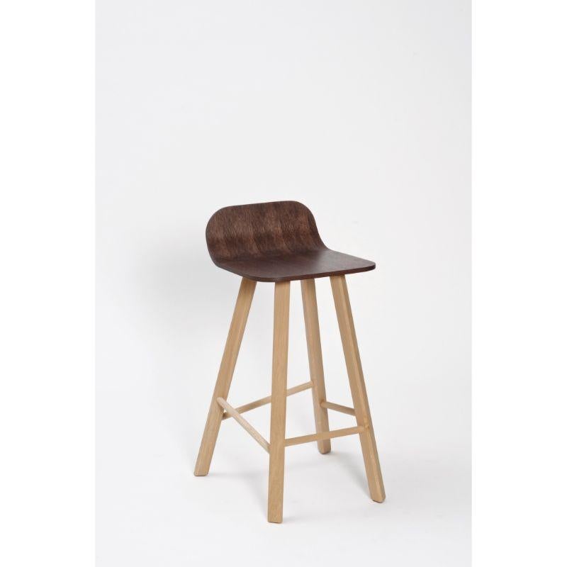 Tria stool, low back, coffee by Colé Italia with Lorenz & Kaz 
Dimensions: H.seat 67/77, H 79/89, D 52, W 48 cm.
Materials: Legs in solid oak with triangular section. Shell low back in curved plywood oak veneered.

Also available: tria stool