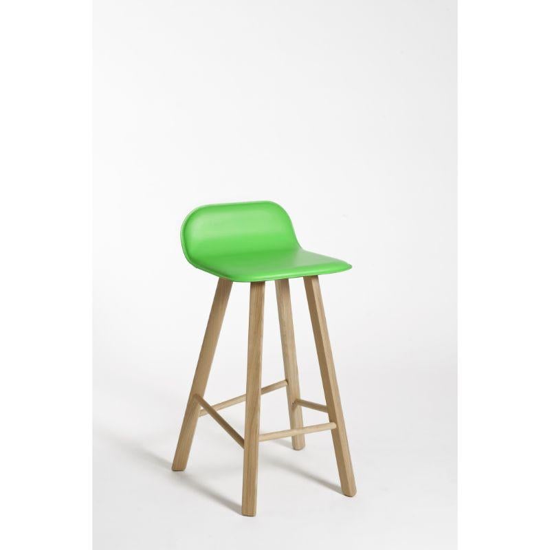 Tria stool, low back, leather verde mela by Colé Italia with Lorenz & Kaz 
Dimensions: H.seat 67/77, H 79/89, D 52, W 48 cm
Materials: Plywood stool with low back leather or fabric upholstered; solid oak wood 4 legs;

Also Available: Tria Stool