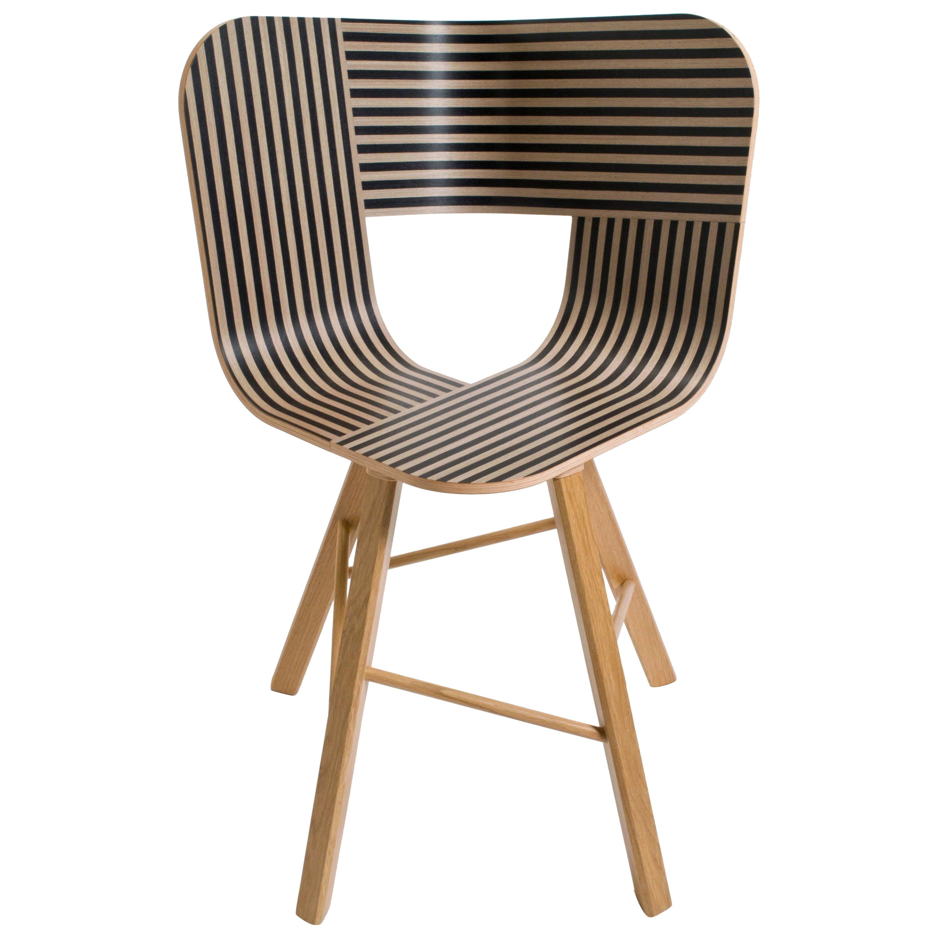 Tria Wood Chair, Four Legs with Graphic Stripes Veneered Coat Ivory and Black For Sale
