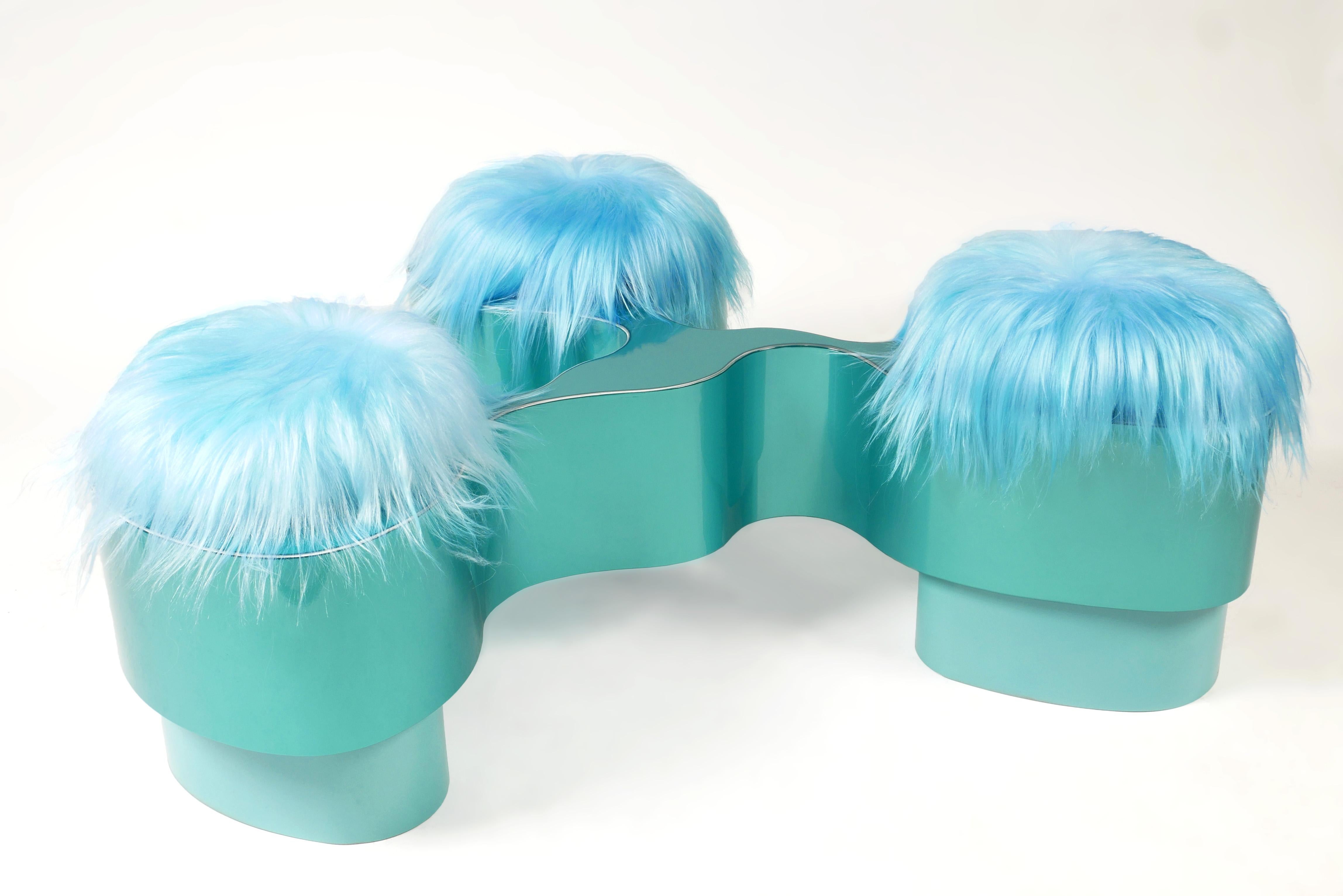 Triad Bench by Bert Furnari, Powder-Coated Aluminum, Oak Plywood & Wool Cushions For Sale 7