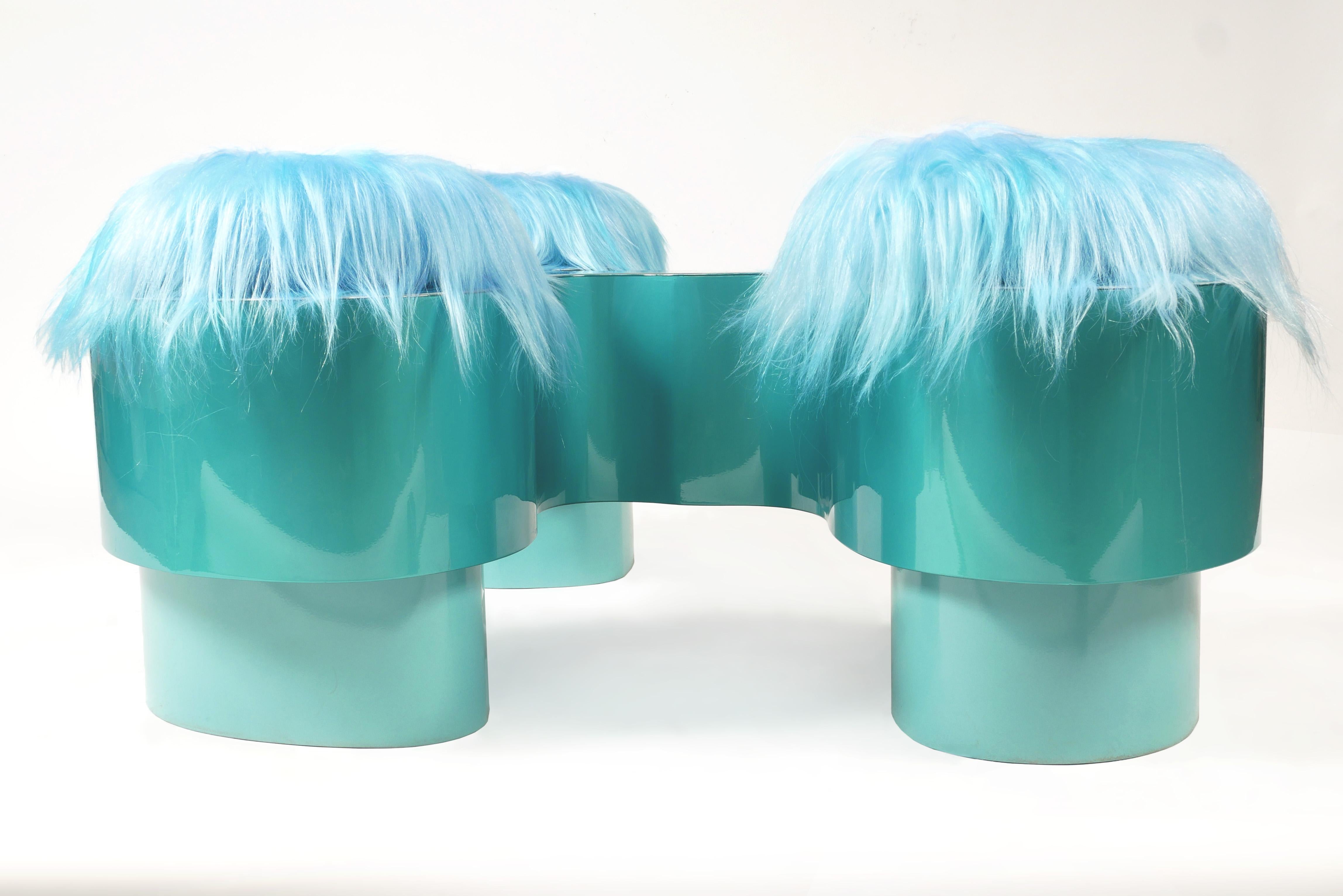 Triad Bench by Bert Furnari, Powder-Coated Aluminum, Oak Plywood & Wool Cushions For Sale 8