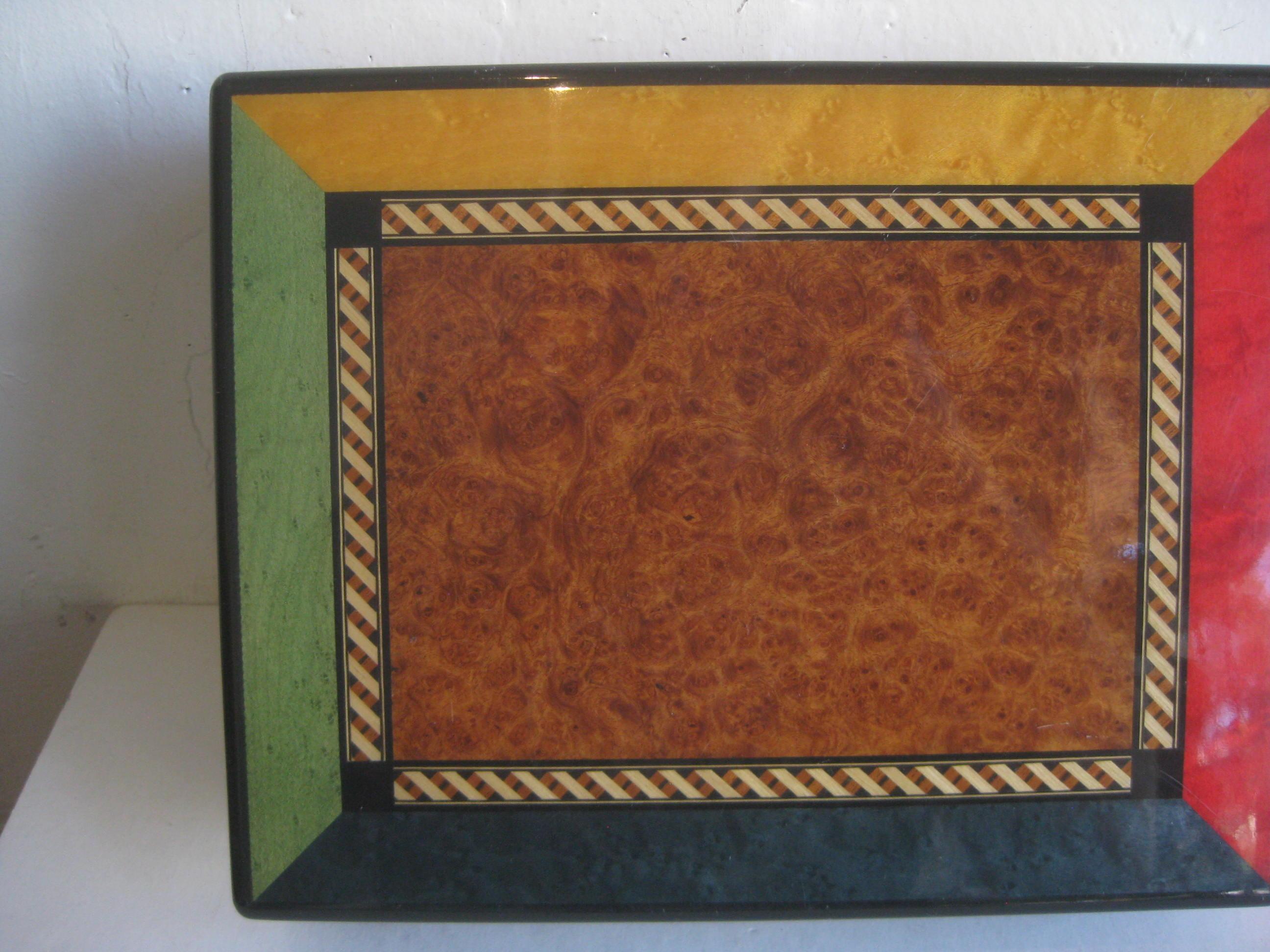 Triade French Burl Wood Inlay Lacquered Mahogany Cigar Humidor Tobacco Box In Good Condition In San Diego, CA