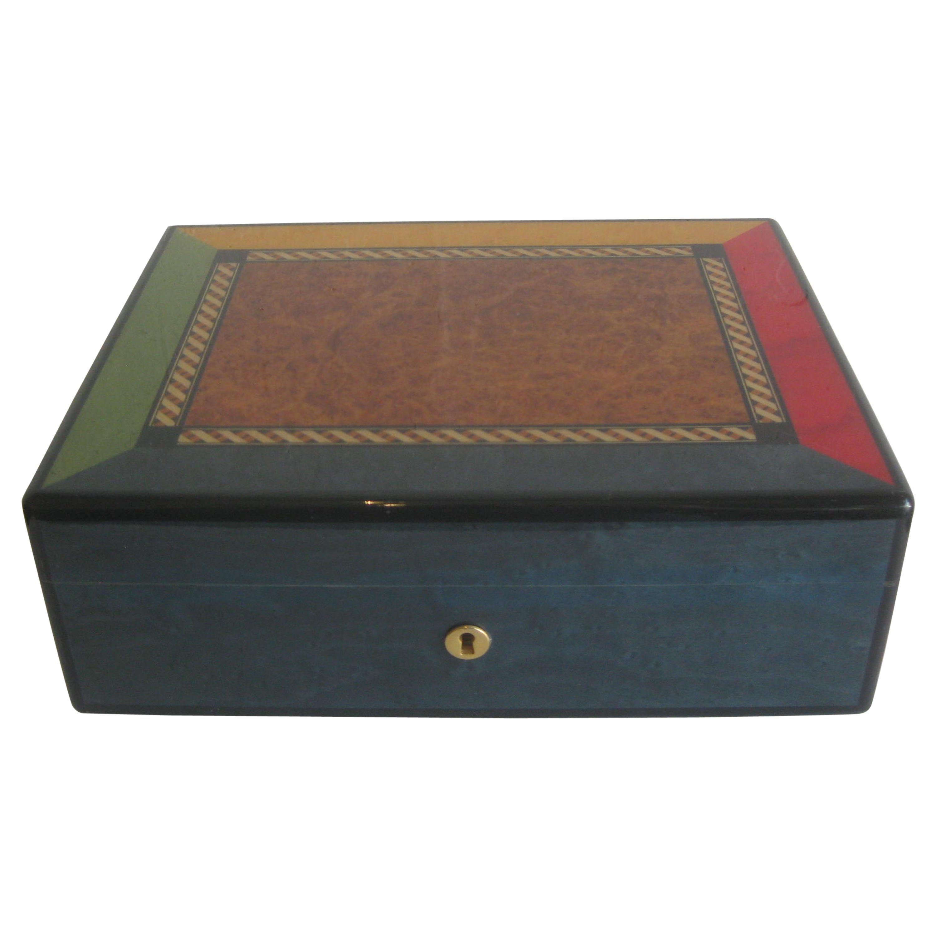 Triade French Burl Wood Inlay Lacquered Mahogany Cigar Humidor Tobacco Box