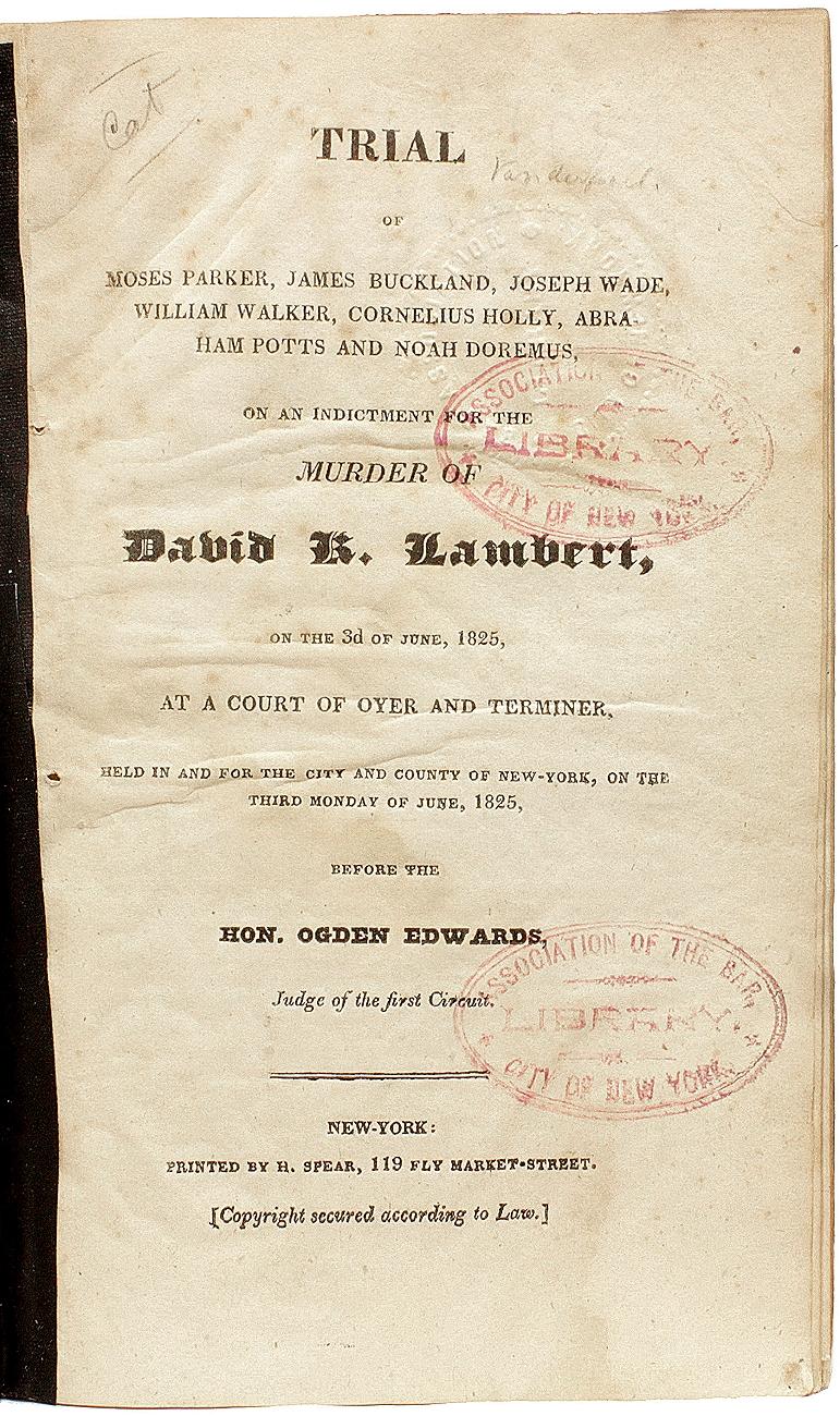 Américain Trial de Moses Parker... pour la fresque de David R. Lambert. NY 1825 en vente