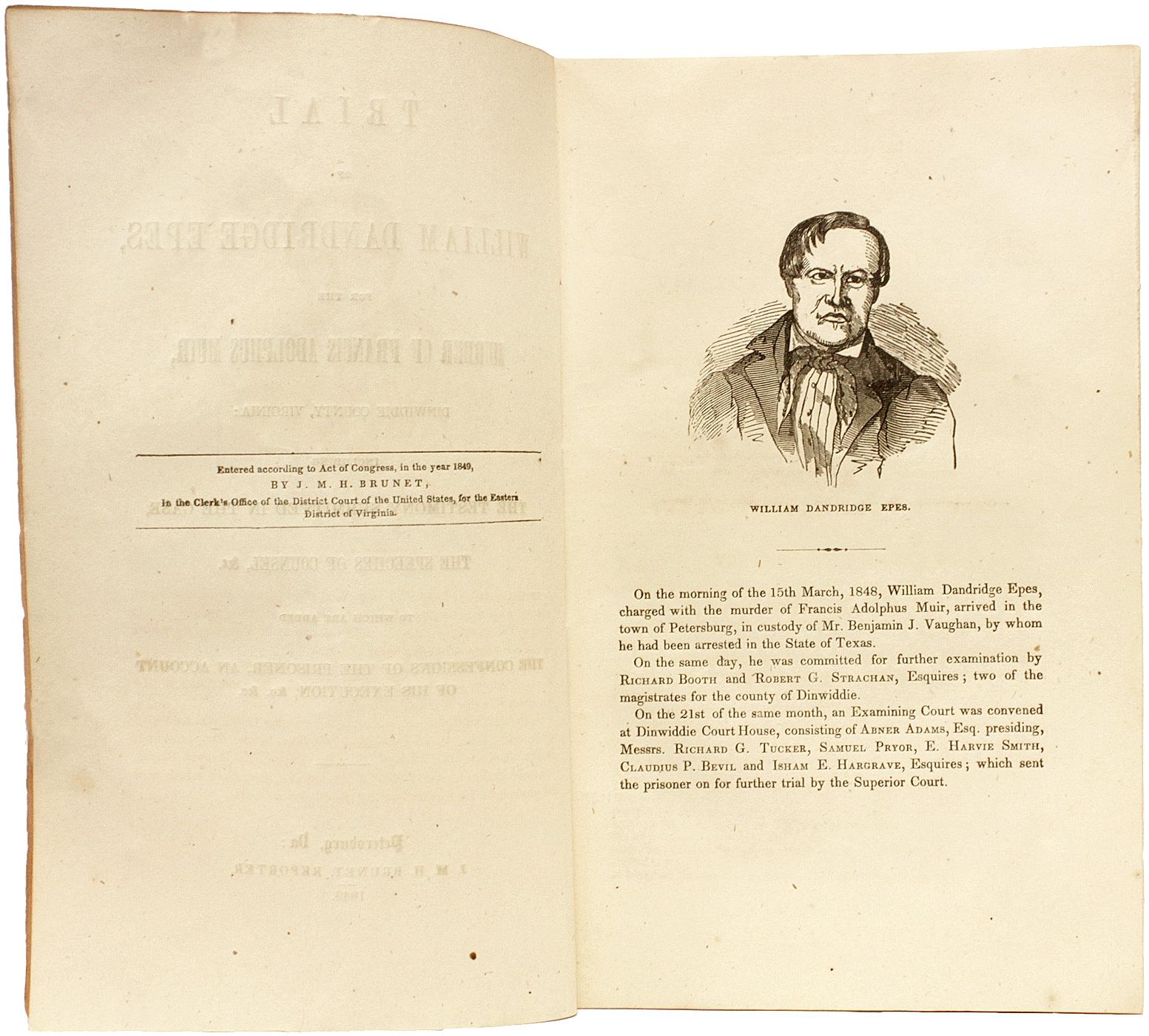 American Trial of William Dandridge Epes, for the Murder of Francis Adolphus Muir - 1849 For Sale
