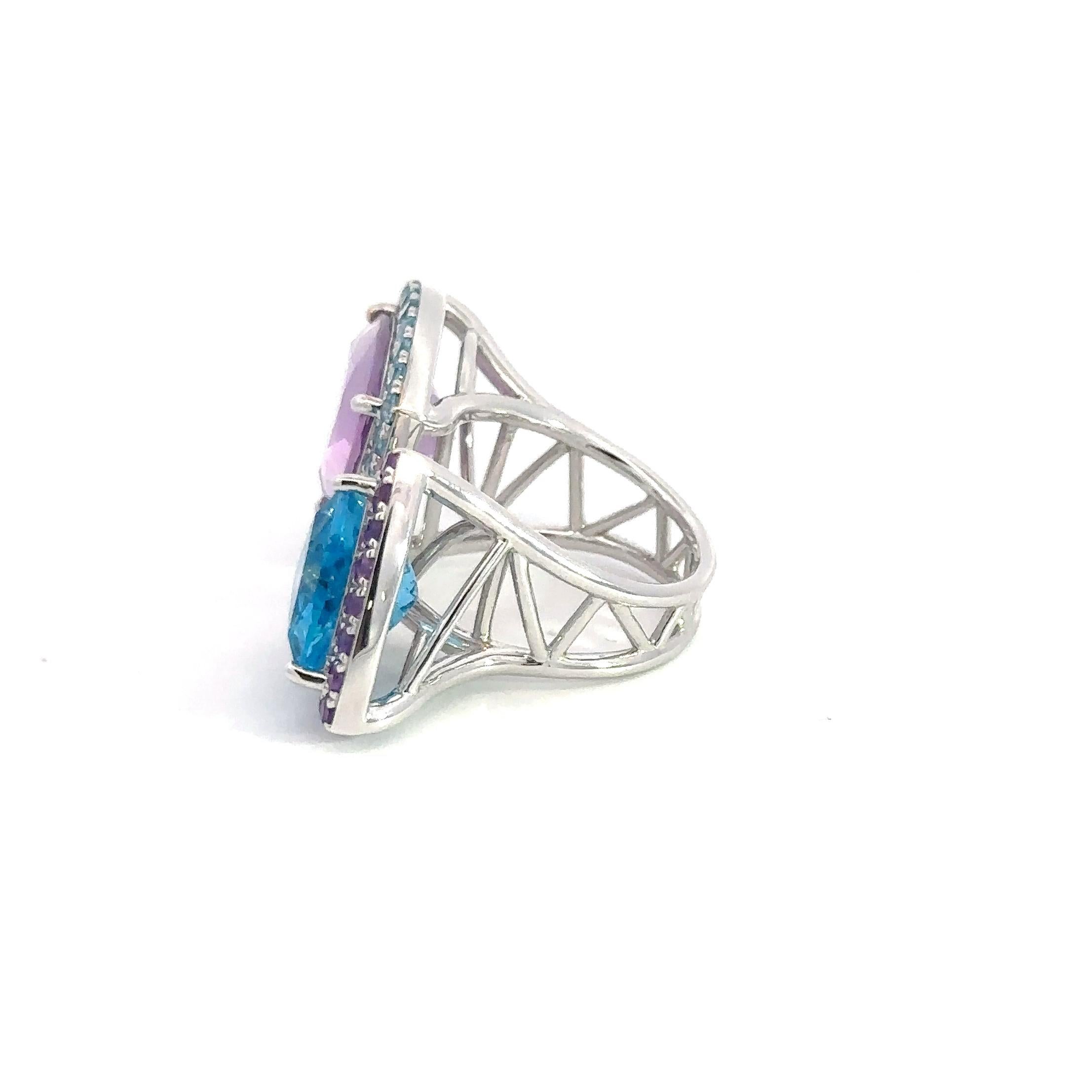 Triangle Amethyst Topaz 18K White Gold Exclusive Ring For Sale 1