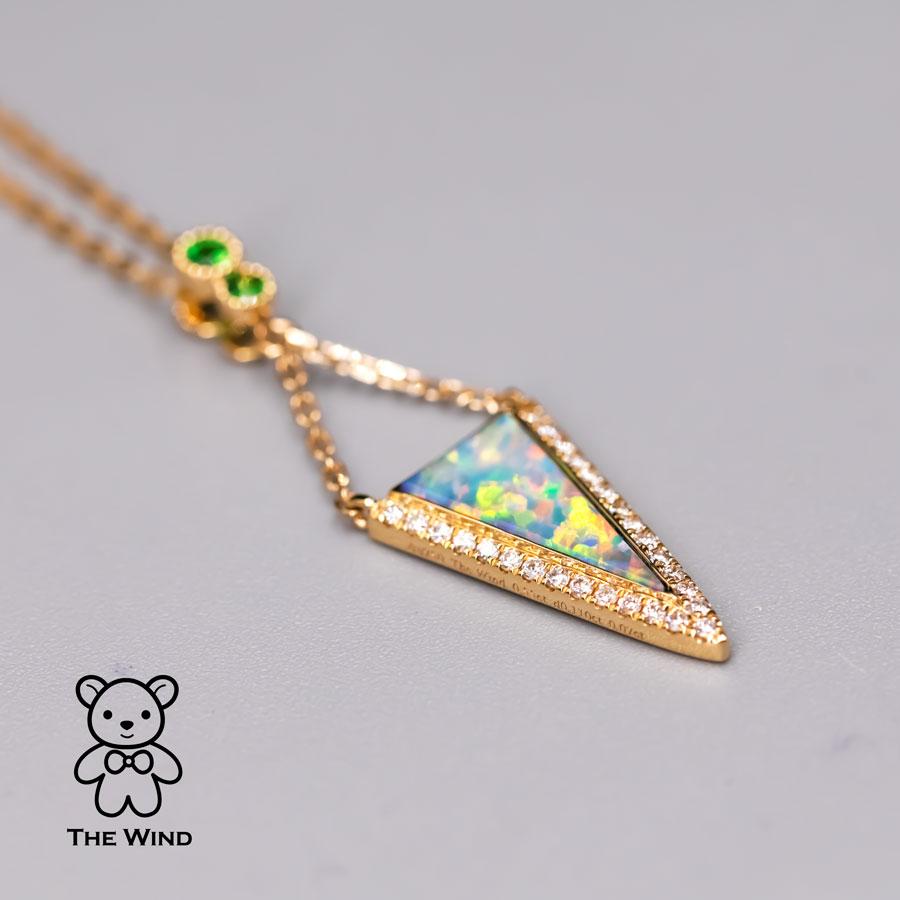 Artist Triangle Australian Solid Opal Diamond Tsavorite Pendant Necklace 18k Yellow Gol For Sale