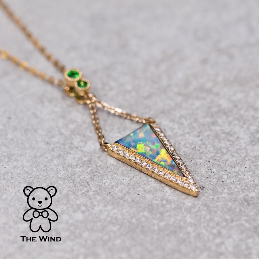 Brilliant Cut Triangle Australian Solid Opal Diamond Tsavorite Pendant Necklace 18k Yellow Gol For Sale
