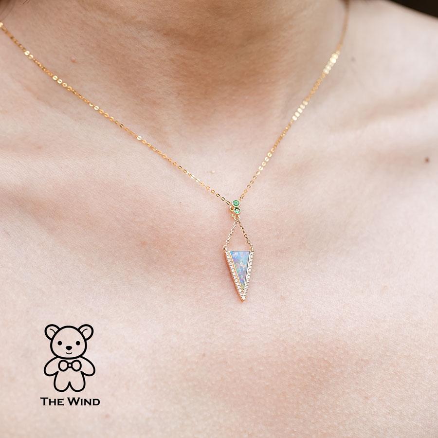 Triangle Australian Solid Opal Diamond Tsavorite Pendant Necklace 18k Yellow Gol In New Condition For Sale In Suwanee, GA