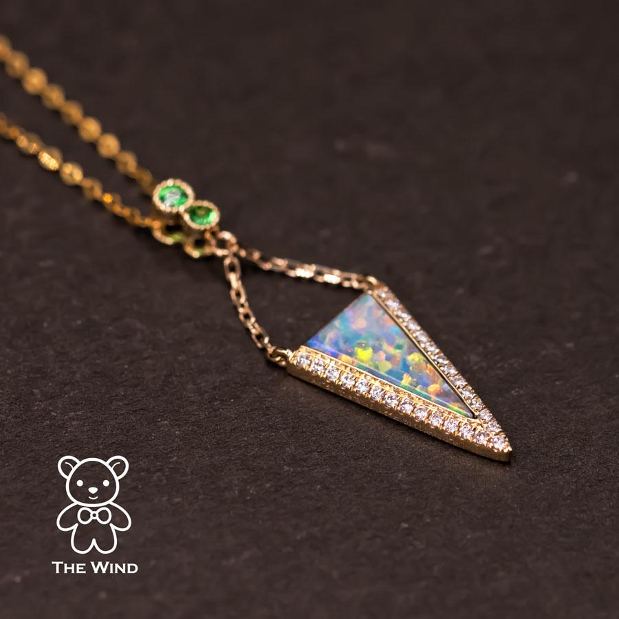 Women's or Men's Triangle Australian Solid Opal Diamond Tsavorite Pendant Necklace 18k Yellow Gol For Sale