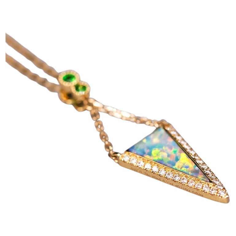 Triangle Australian Solid Opal Diamond Tsavorite Pendant Necklace 18k Yellow Gol For Sale