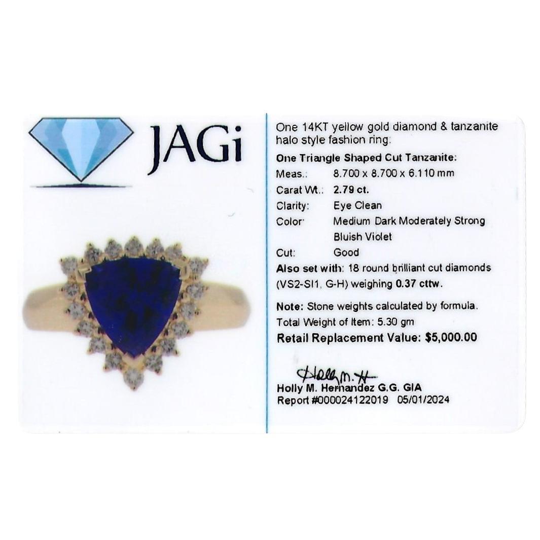 Triangle Blue Tanzanite with Diamond Halo Cocktail Ring in 14 Karat Yellow Gold For Sale 4