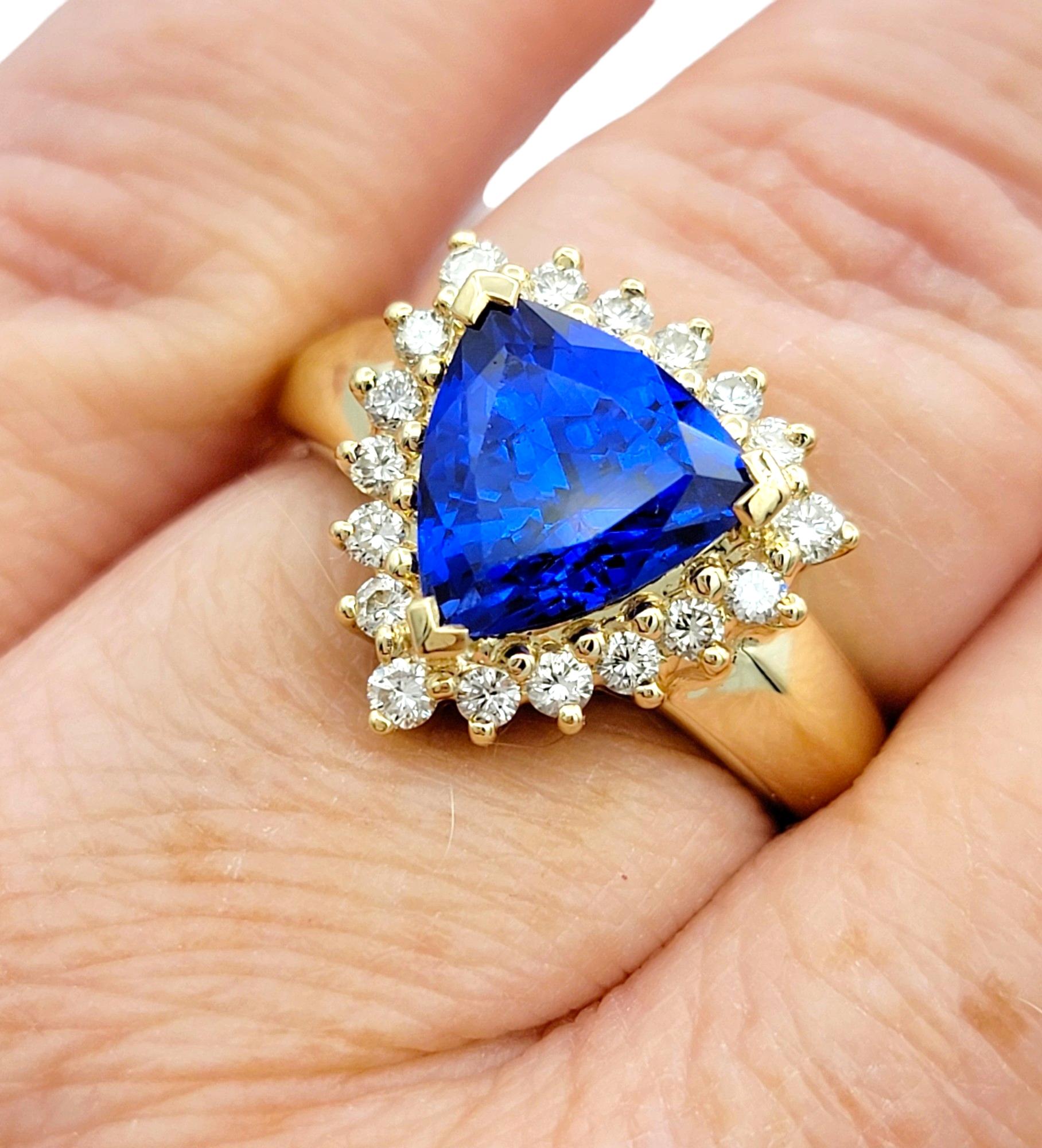 Triangle Blue Tanzanite with Diamond Halo Cocktail Ring in 14 Karat Yellow Gold For Sale 1