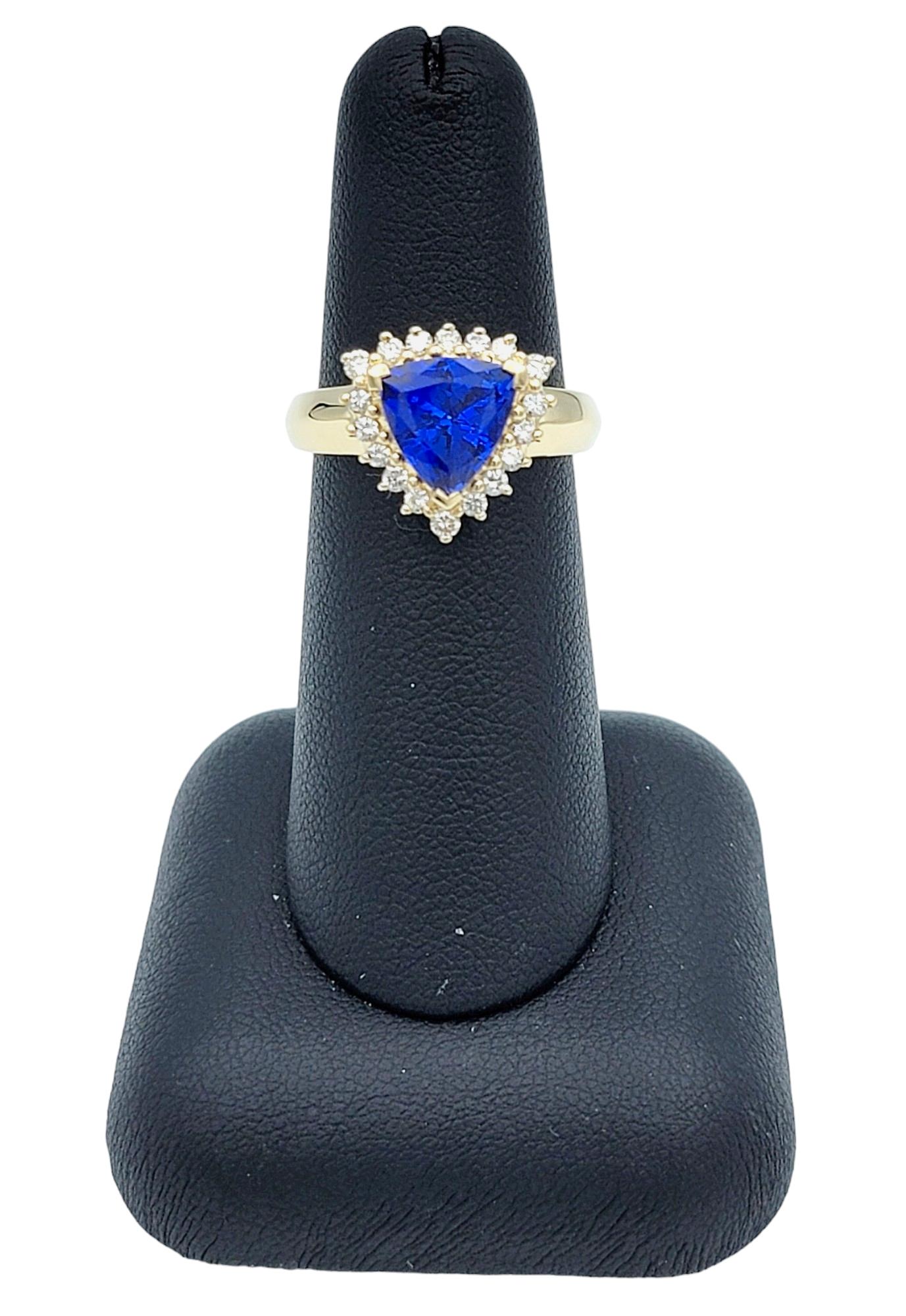 Triangle Blue Tanzanite with Diamond Halo Cocktail Ring in 14 Karat Yellow Gold For Sale 2