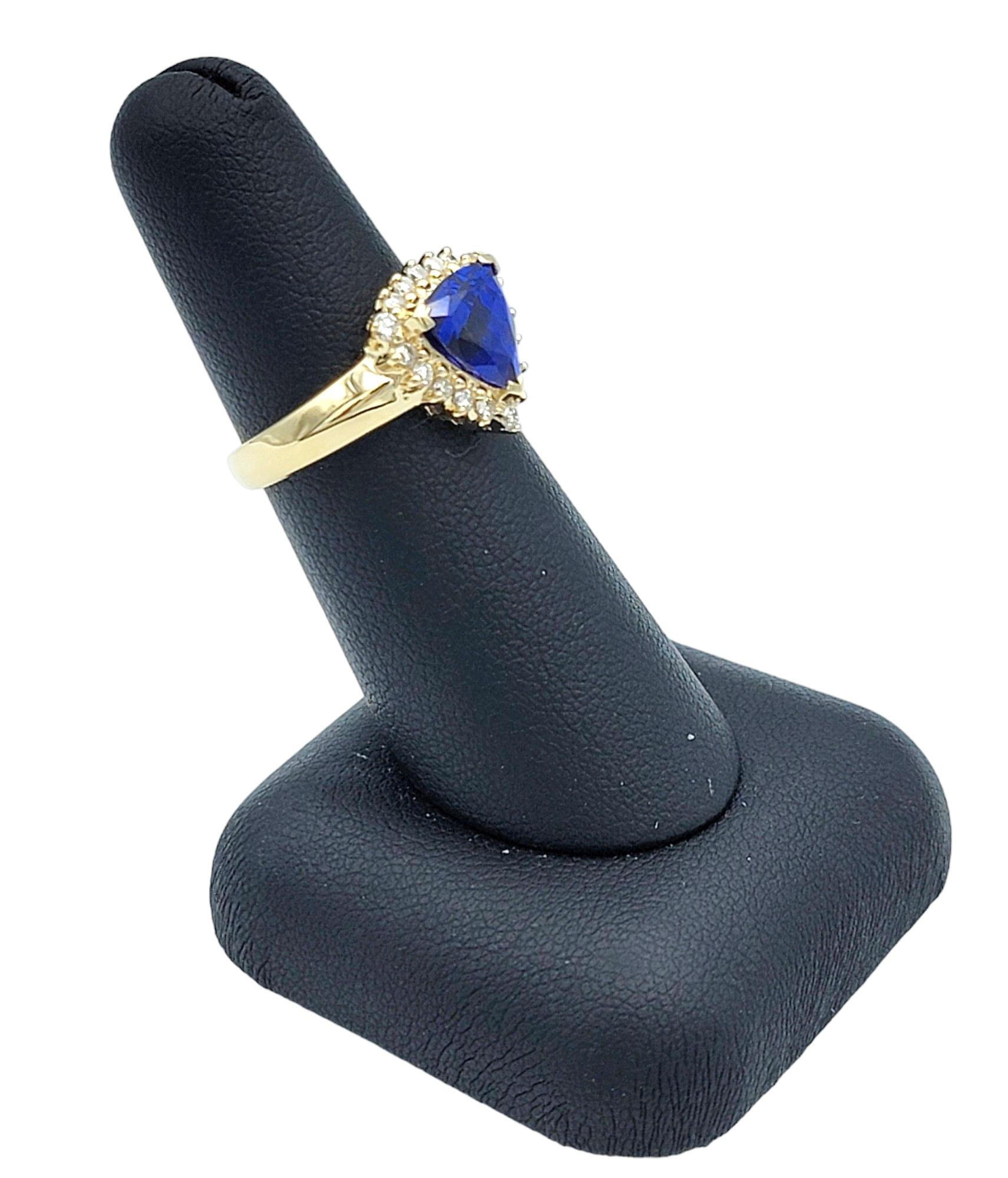 Triangle Blue Tanzanite with Diamond Halo Cocktail Ring in 14 Karat Yellow Gold For Sale 3