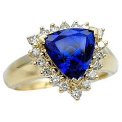 Triangle Blue Tanzanite with Diamond Halo Cocktail Ring in 14 Karat Yellow Gold