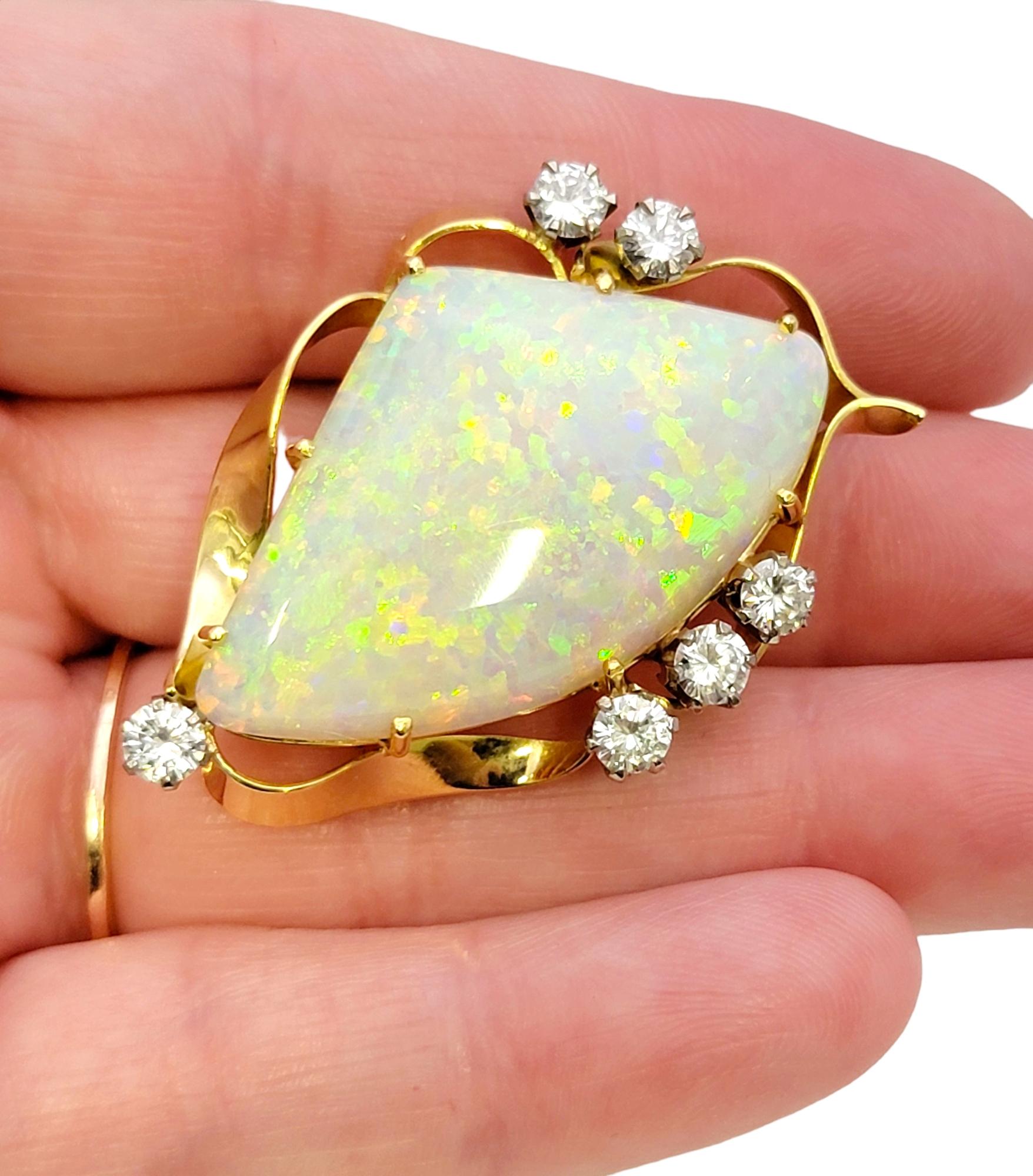 Triangle Cabochon White Opal Brooch / Pendant with Diamonds 18 Karat Yellow Gold For Sale 7