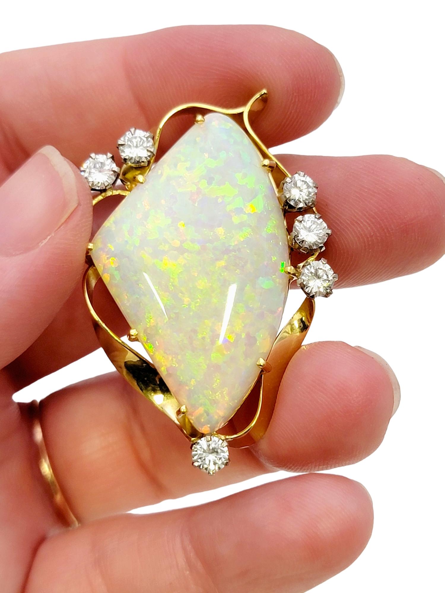 Triangle Cabochon White Opal Brooch / Pendant with Diamonds 18 Karat Yellow Gold For Sale 8