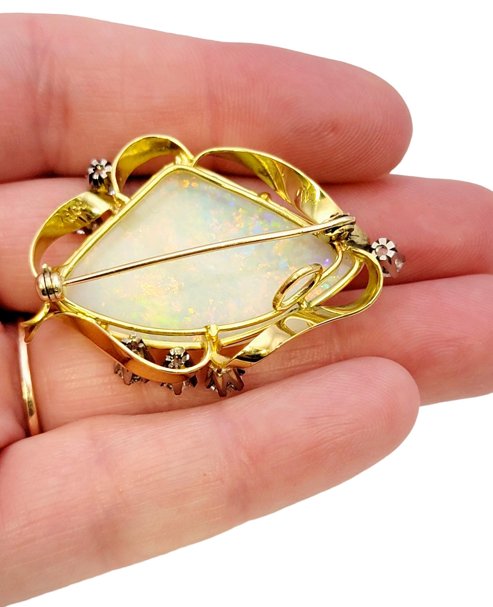 Triangle Cabochon White Opal Brooch / Pendant with Diamonds 18 Karat Yellow Gold For Sale 9