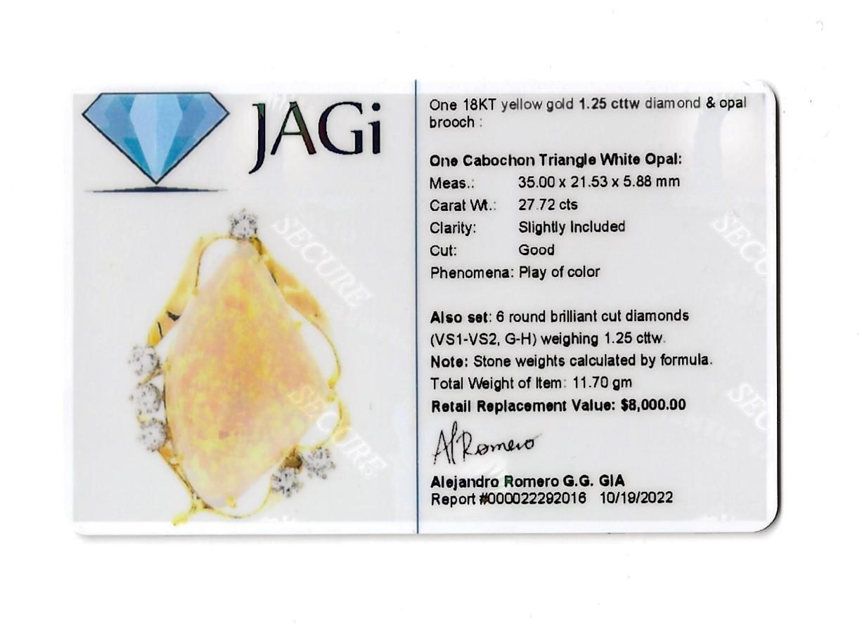 Triangle Cabochon White Opal Brooch / Pendant with Diamonds 18 Karat Yellow Gold For Sale 12