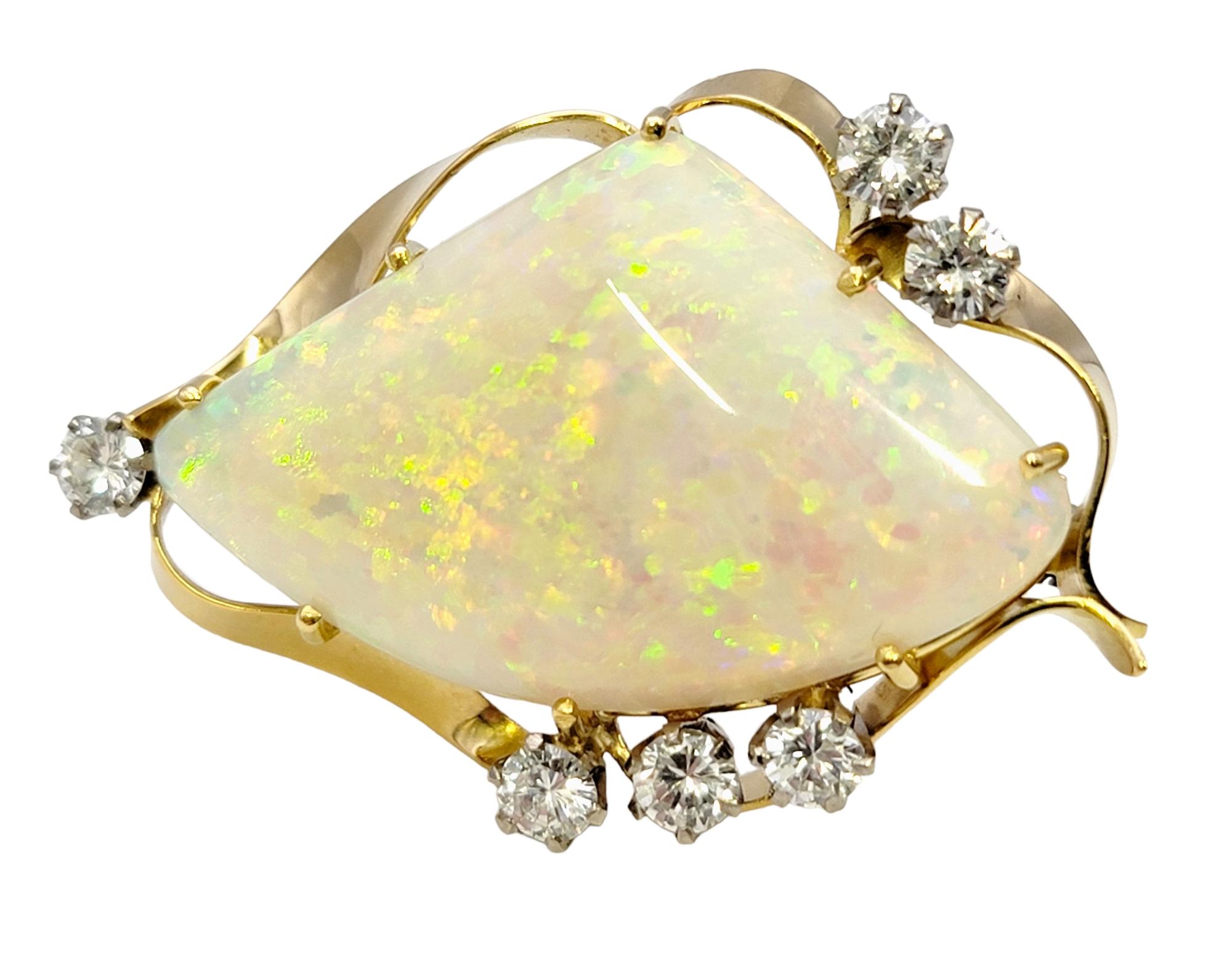 Contemporary Triangle Cabochon White Opal Brooch / Pendant with Diamonds 18 Karat Yellow Gold For Sale