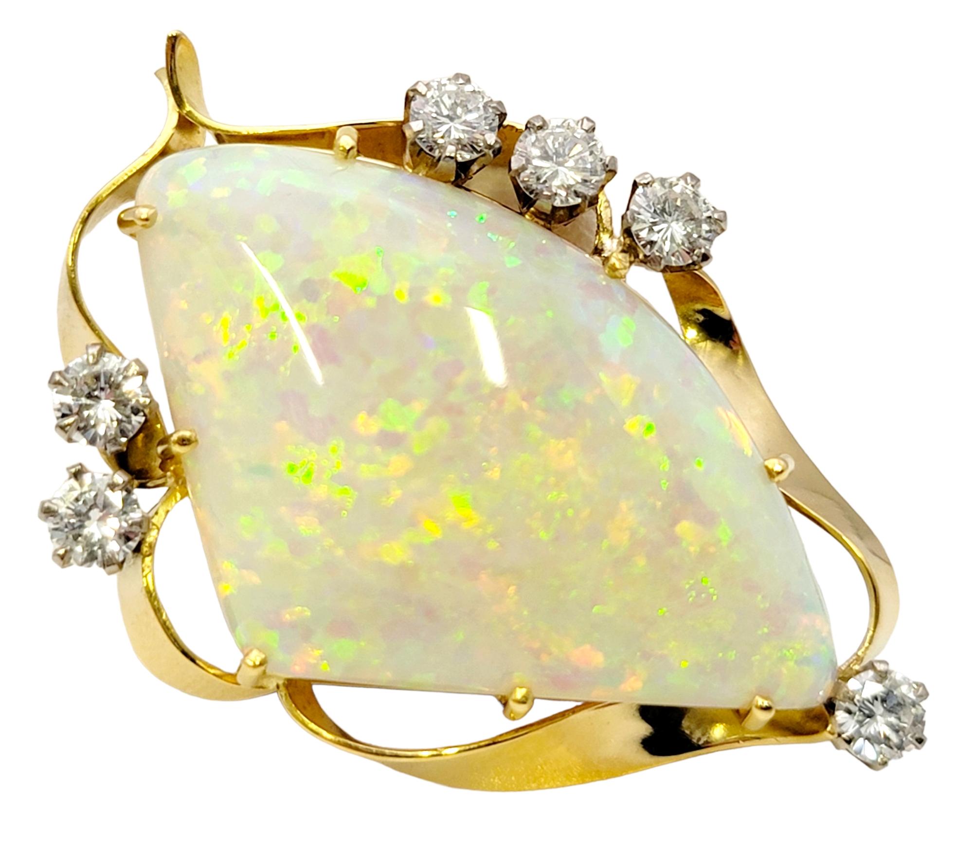 Triangle Cabochon White Opal Brooch / Pendant with Diamonds 18 Karat Yellow Gold In Good Condition For Sale In Scottsdale, AZ