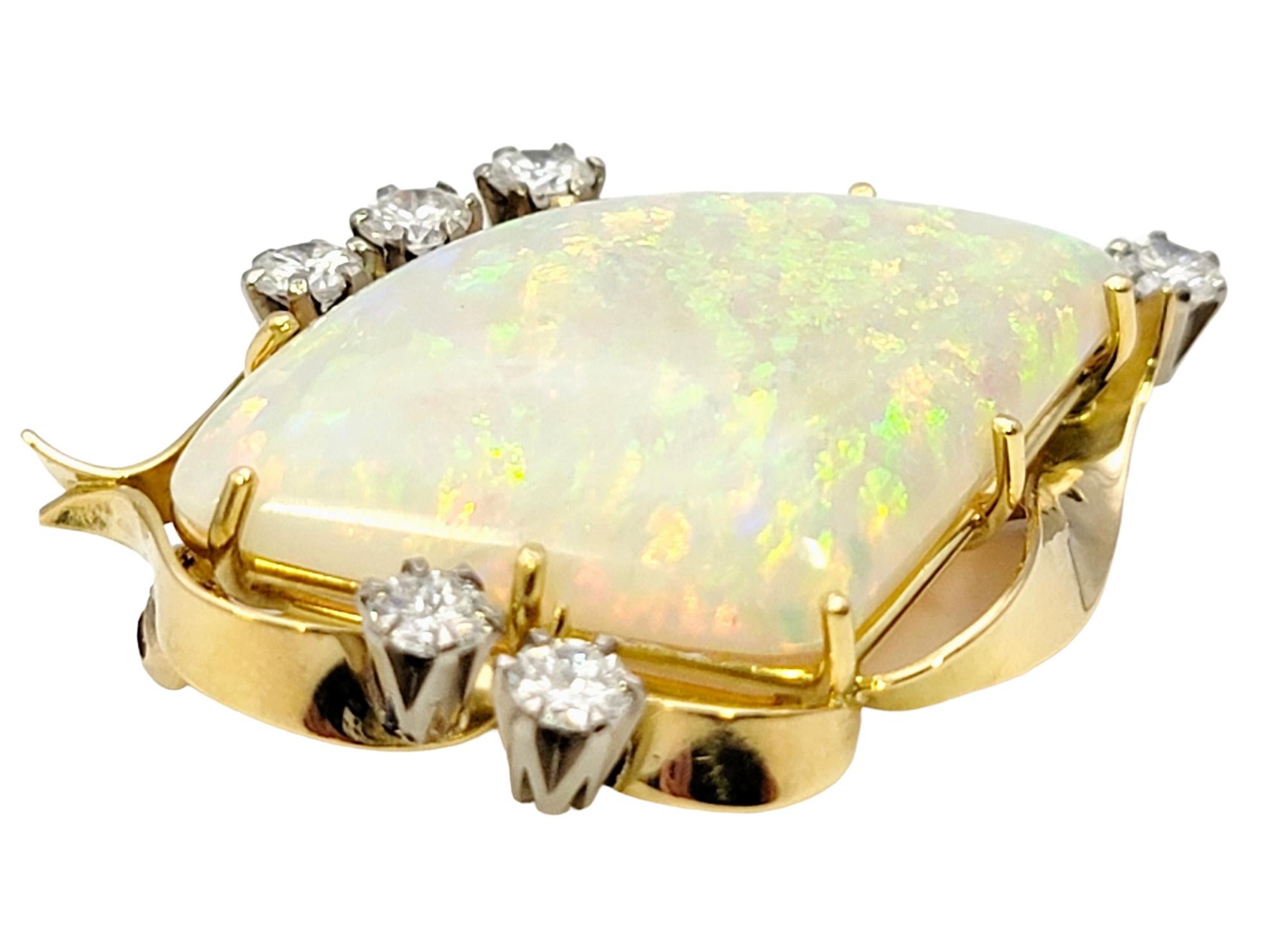 Women's Triangle Cabochon White Opal Brooch / Pendant with Diamonds 18 Karat Yellow Gold For Sale