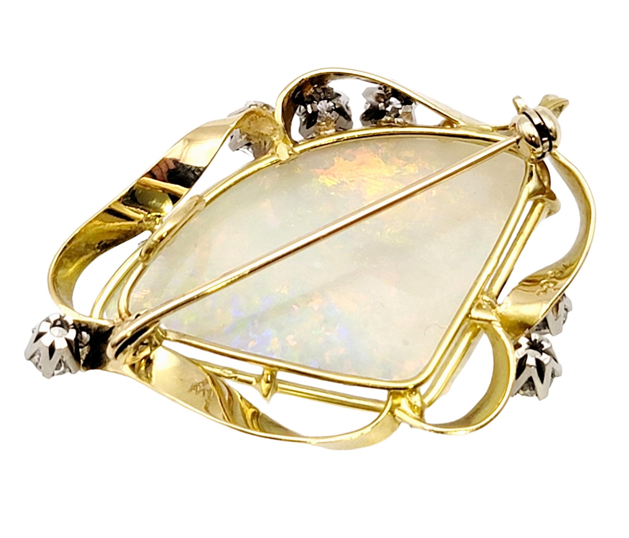 Triangle Cabochon White Opal Brooch / Pendant with Diamonds 18 Karat Yellow Gold For Sale 2