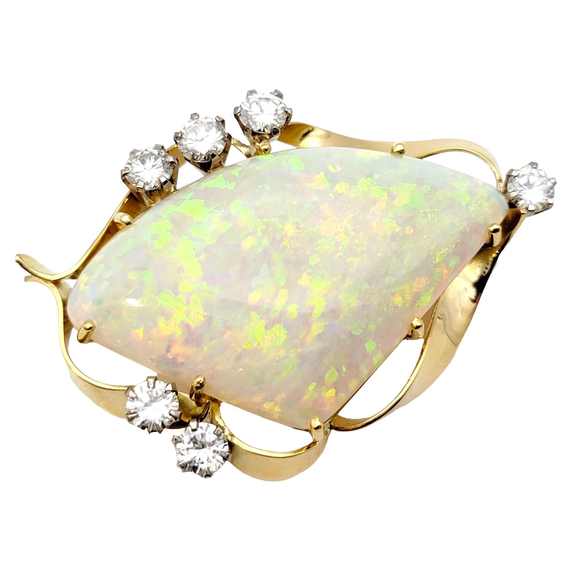 Triangle Cabochon White Opal Brooch / Pendant with Diamonds 18 Karat Yellow Gold For Sale
