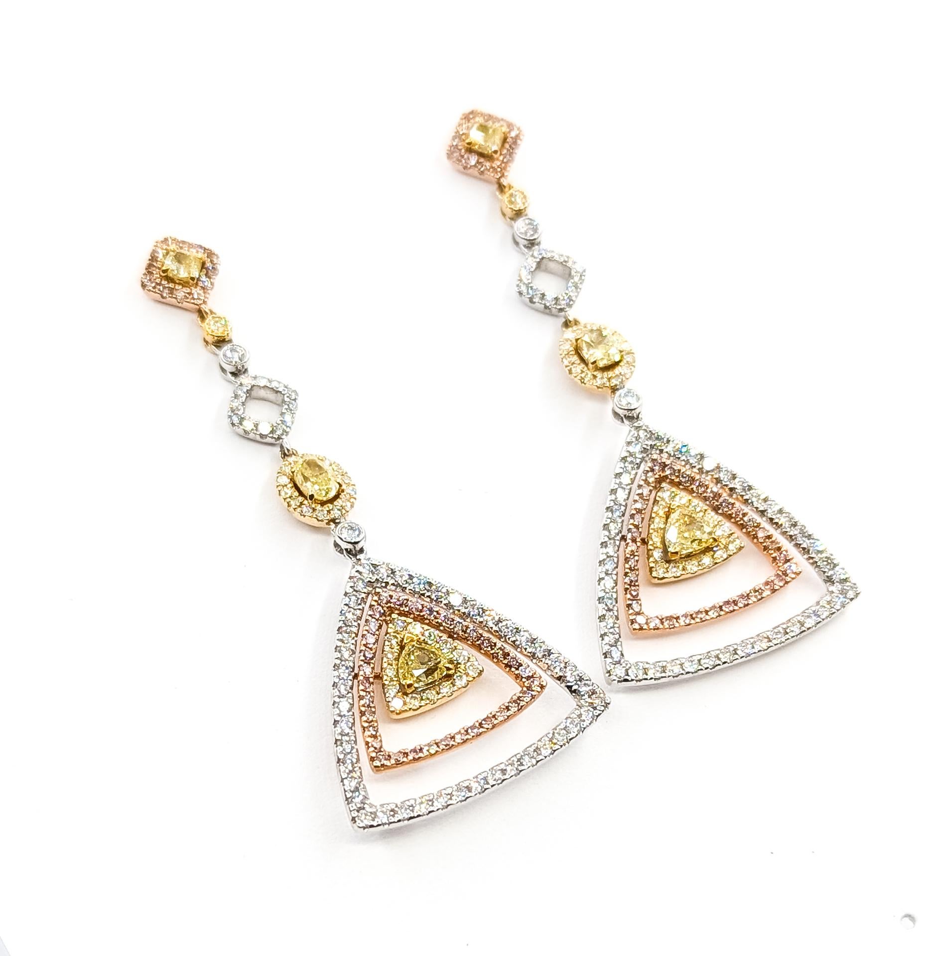 Pendientes Halo Colgantes Triangulares de Oro Bicolor de 14k Contemporáneo en venta