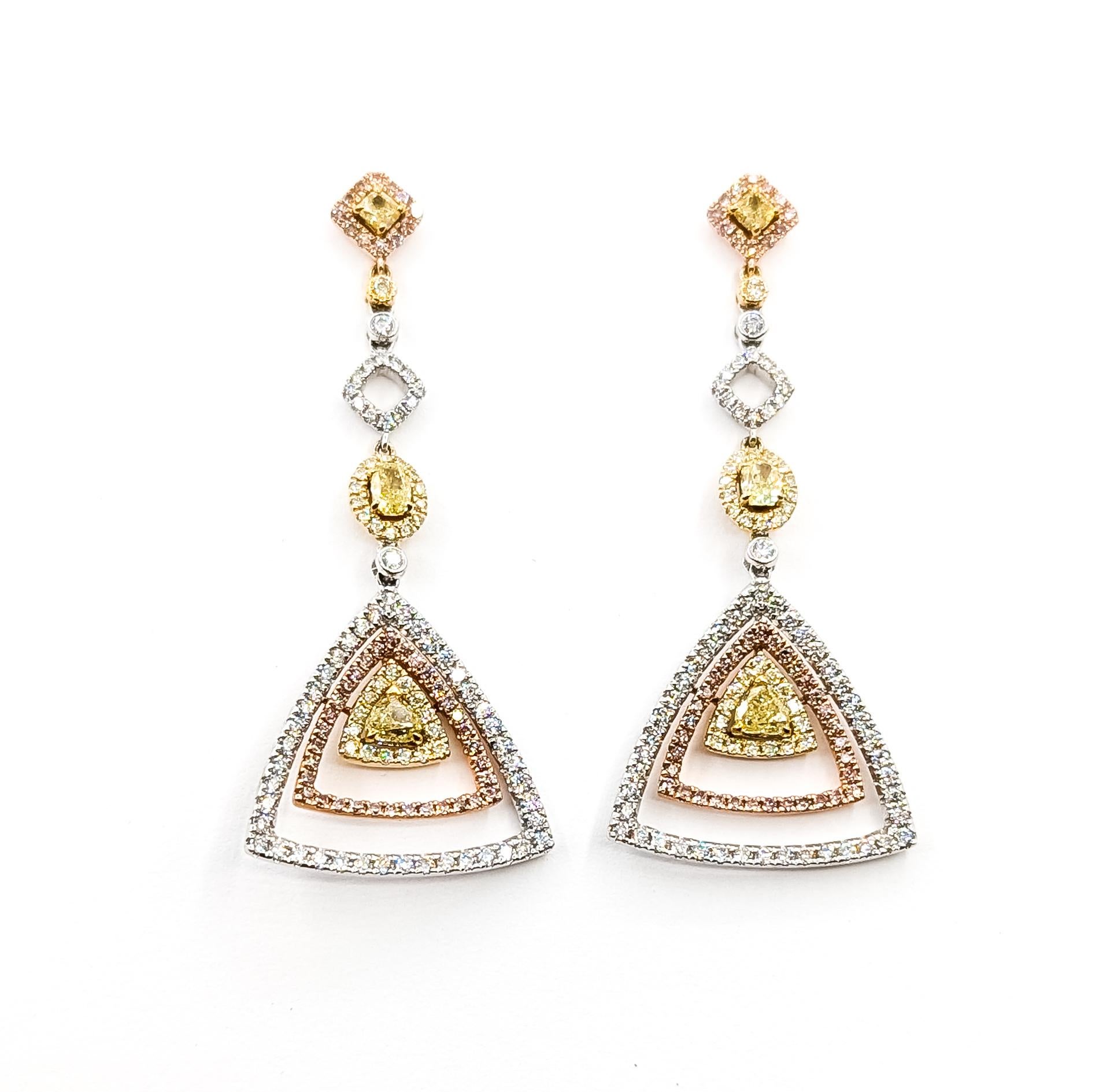 De las mujeres Pendientes Halo Colgantes Triangulares de Oro Bicolor de 14k en venta
