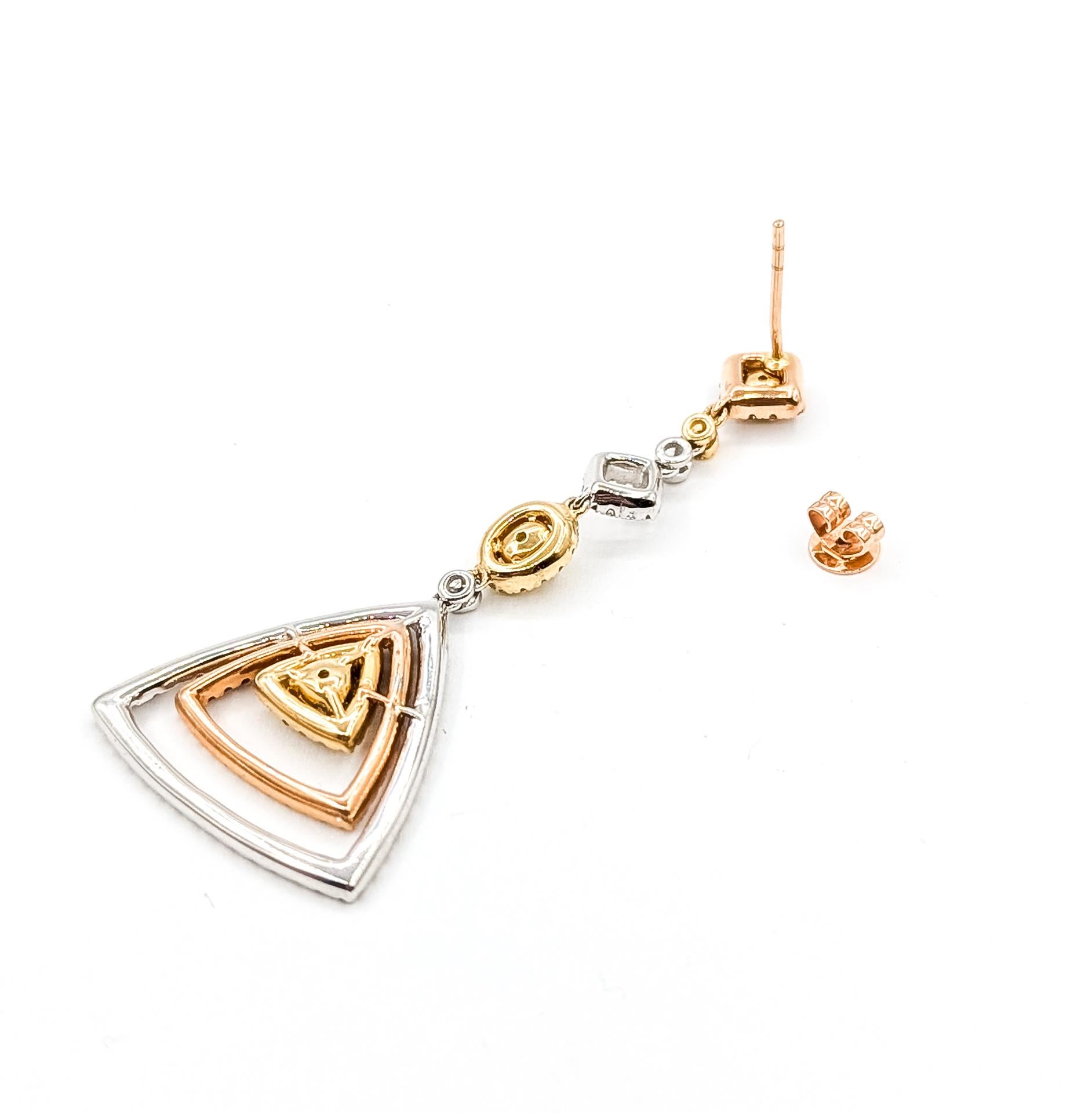 Pendientes Halo Colgantes Triangulares de Oro Bicolor de 14k en venta 2