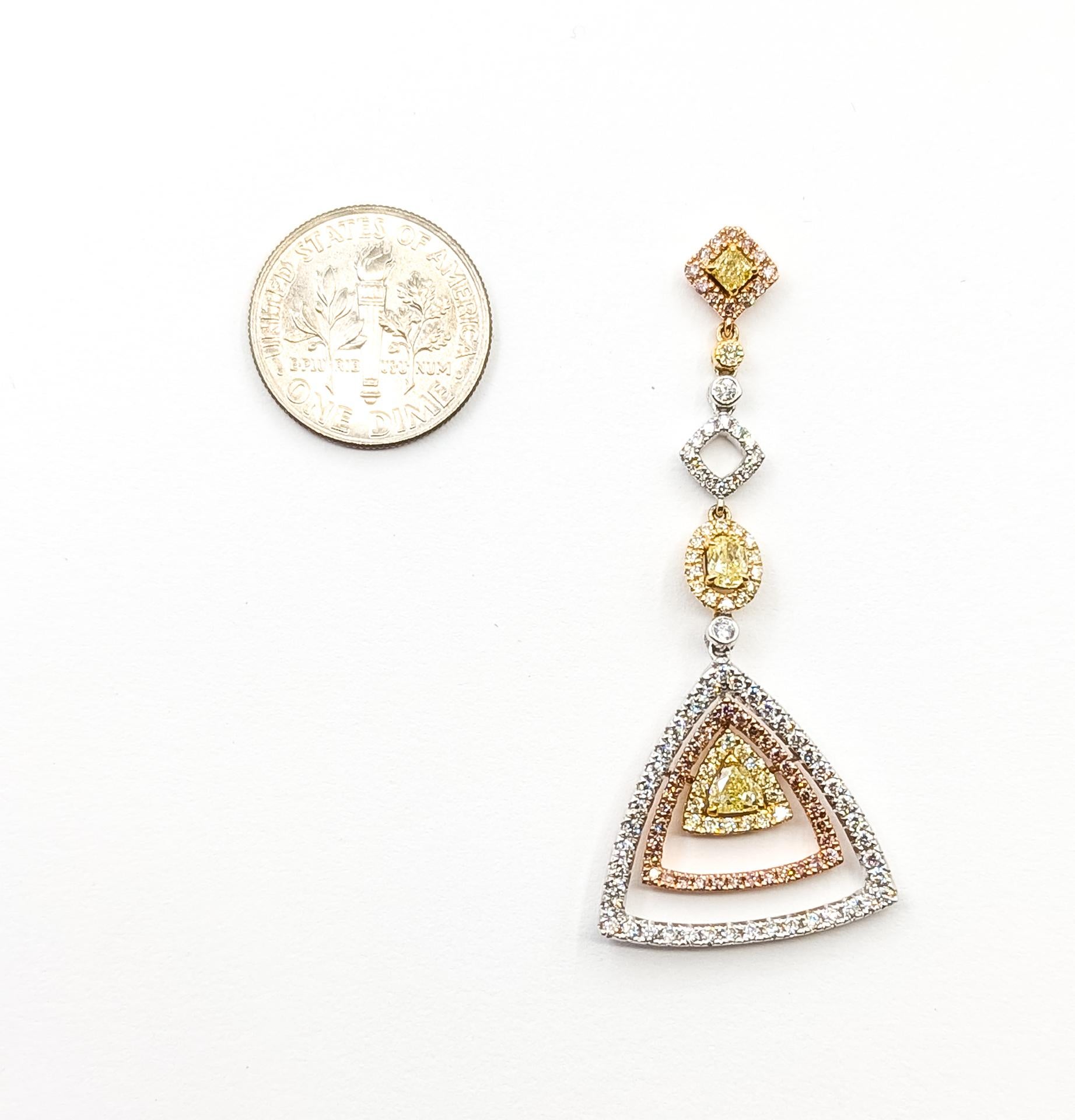 Pendientes Halo Colgantes Triangulares de Oro Bicolor de 14k en venta 3