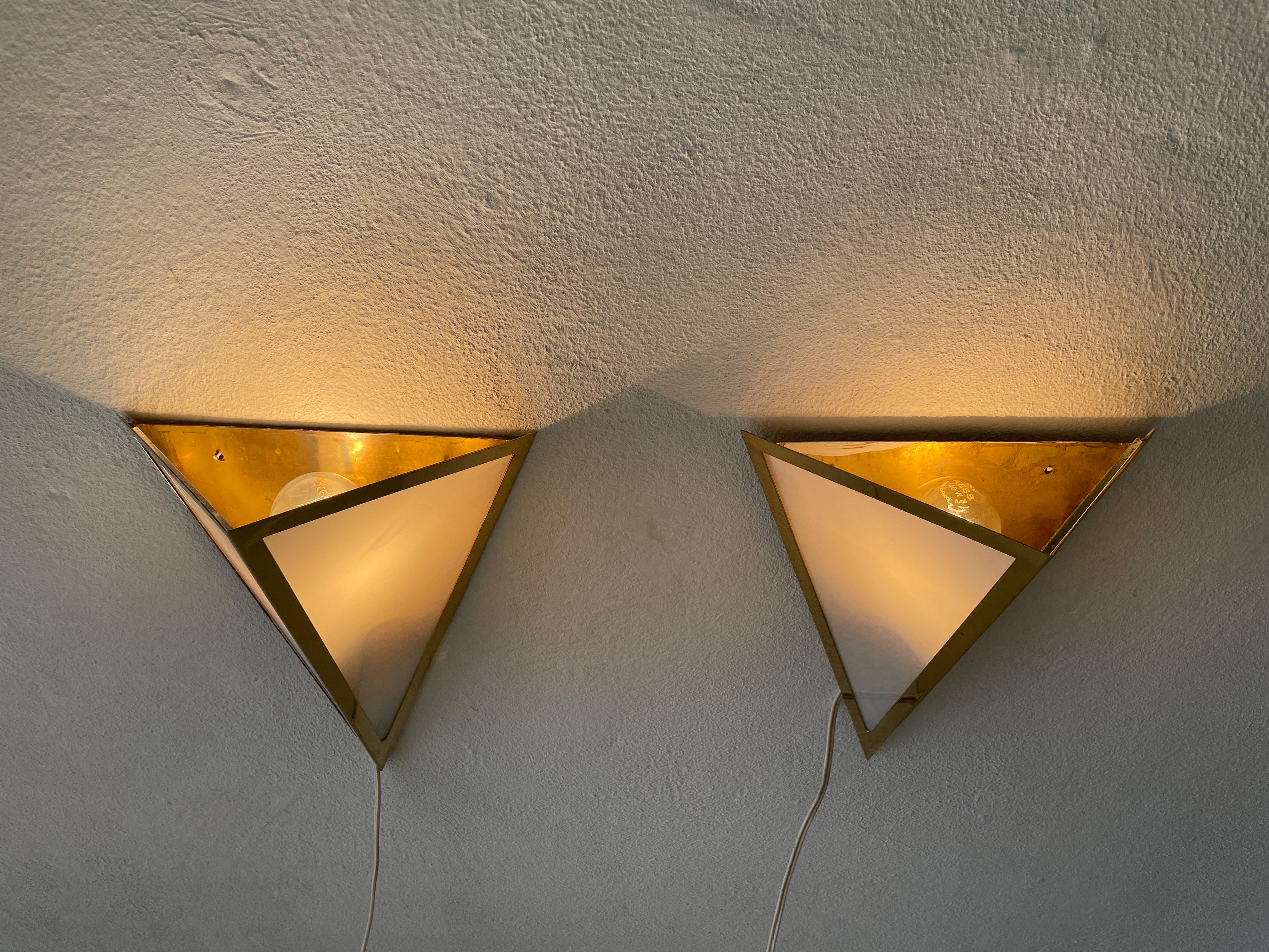 Triangle Design Opal Glass and Gold Metal Pair of Sconces by WKR, 1970s, Germany For Sale 4