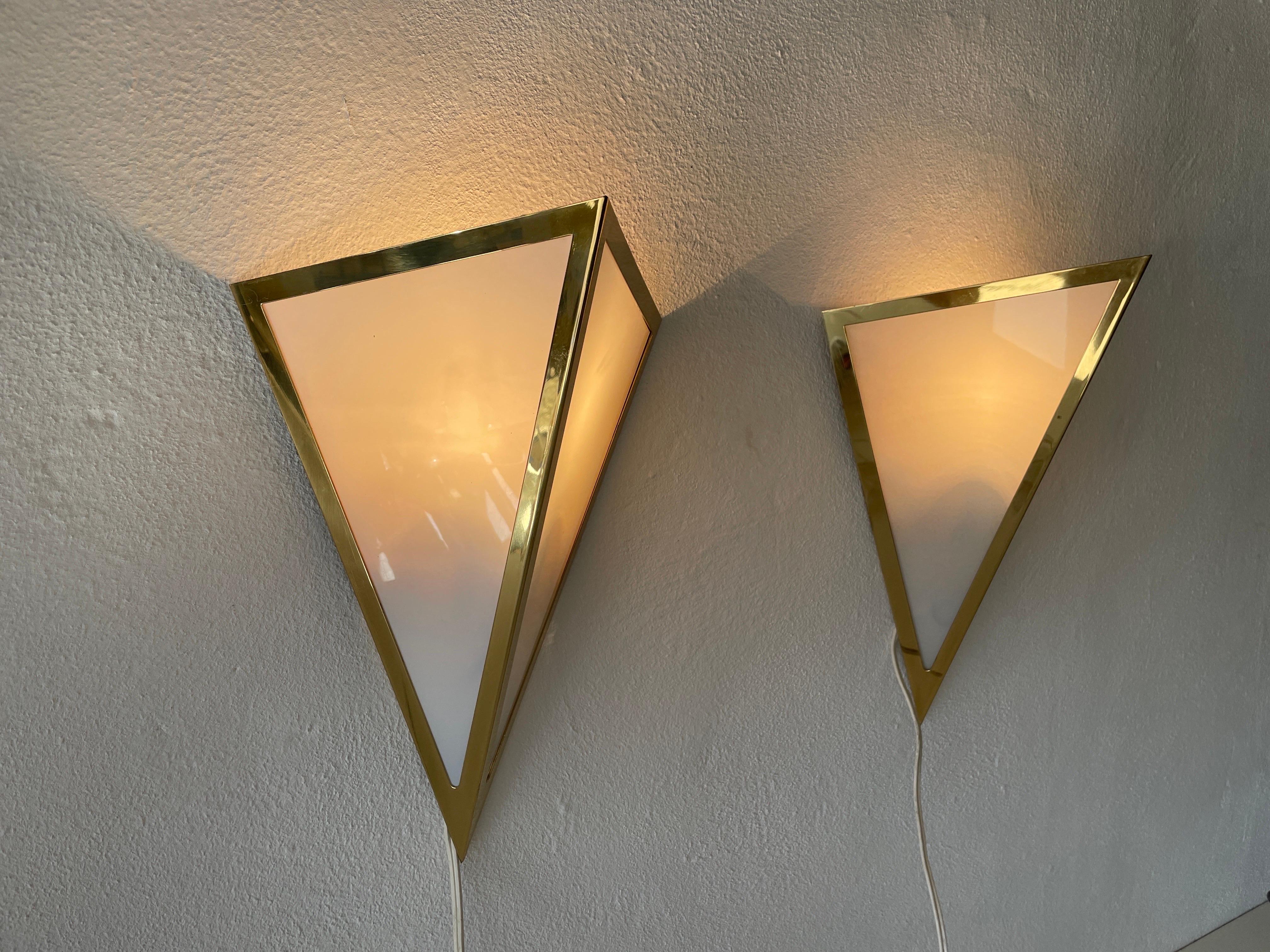 Triangle Design Opal Glass and Gold Metal Pair of Sconces by WKR, 1970s, Germany For Sale 5