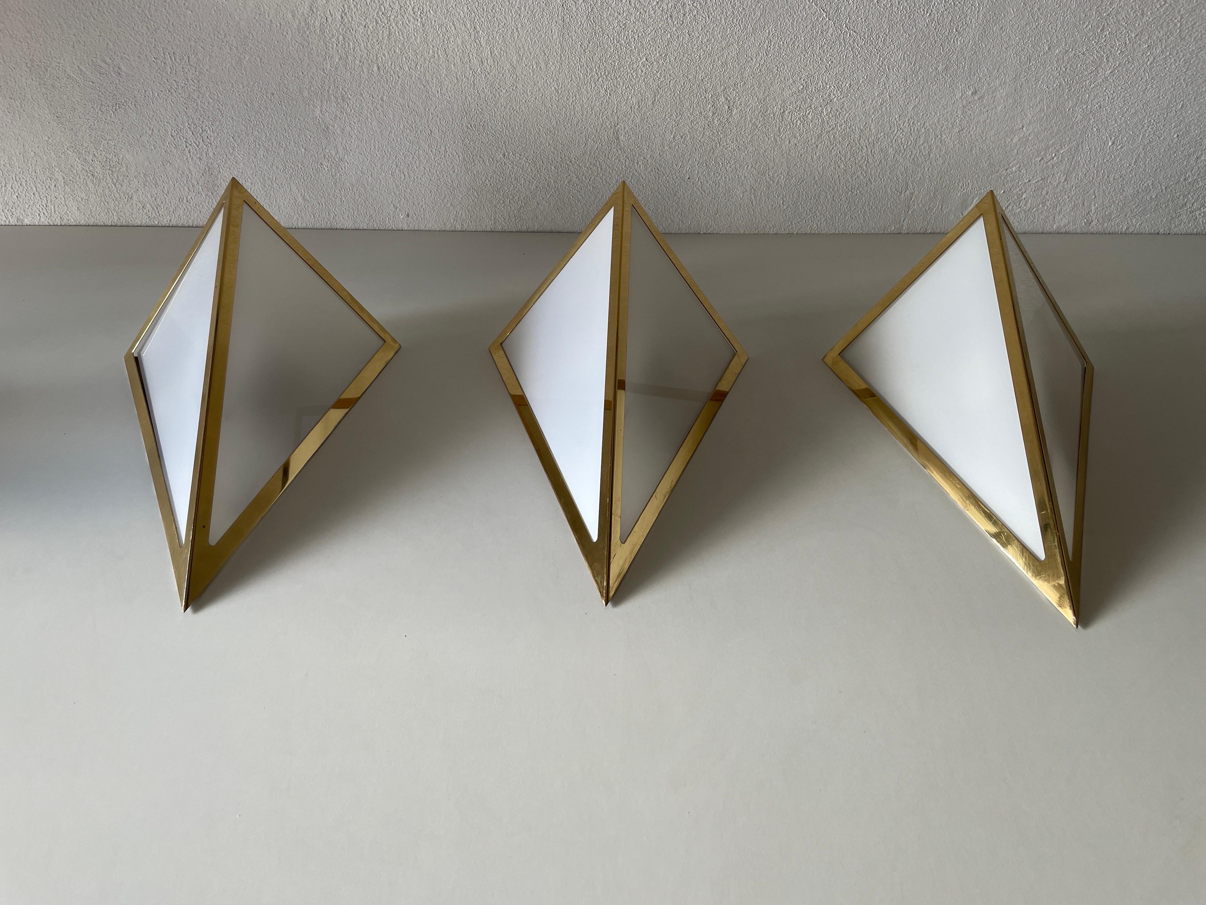 Triangle Design Opal Glass and Gold Metal Pair of Sconces by WKR, 1970s, Germany For Sale 6