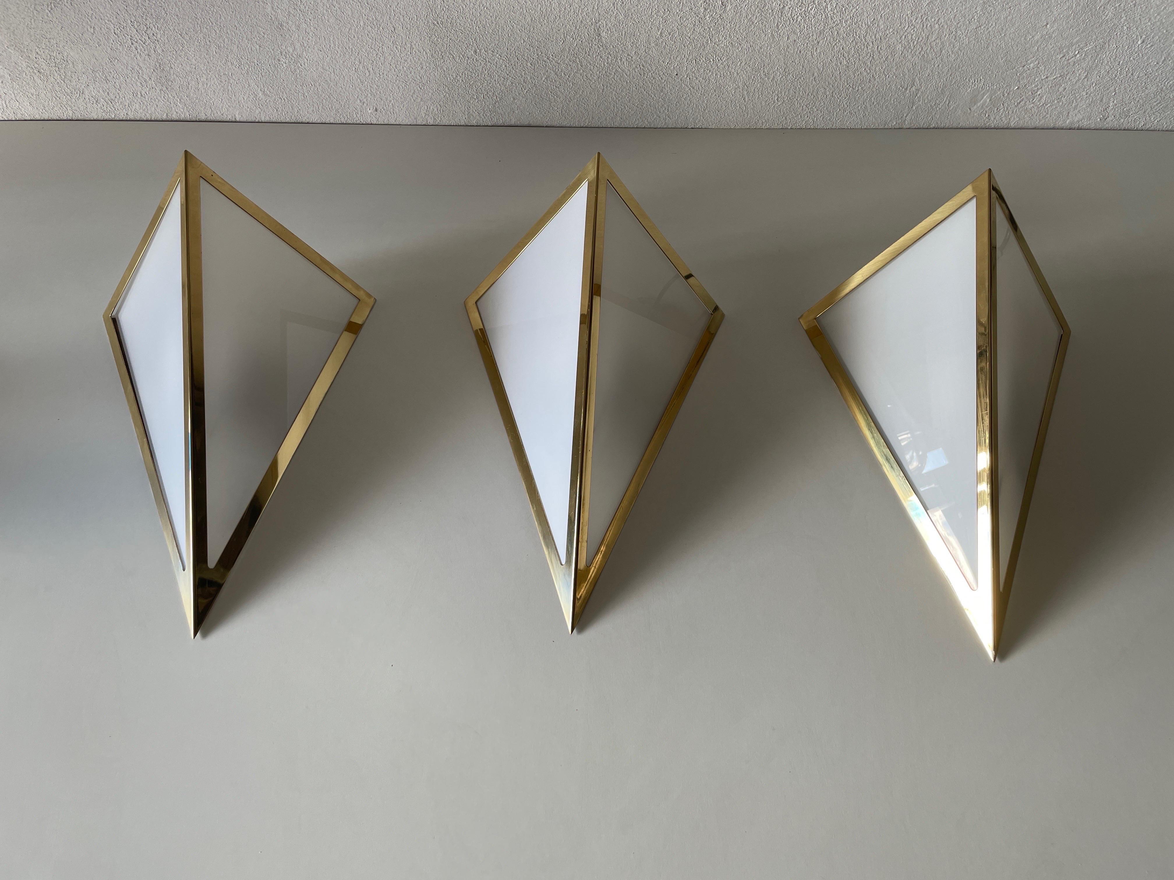 Triangle Design Opal Glass and Gold Metal Pair of Sconces by WKR, 1970s, Germany For Sale 7