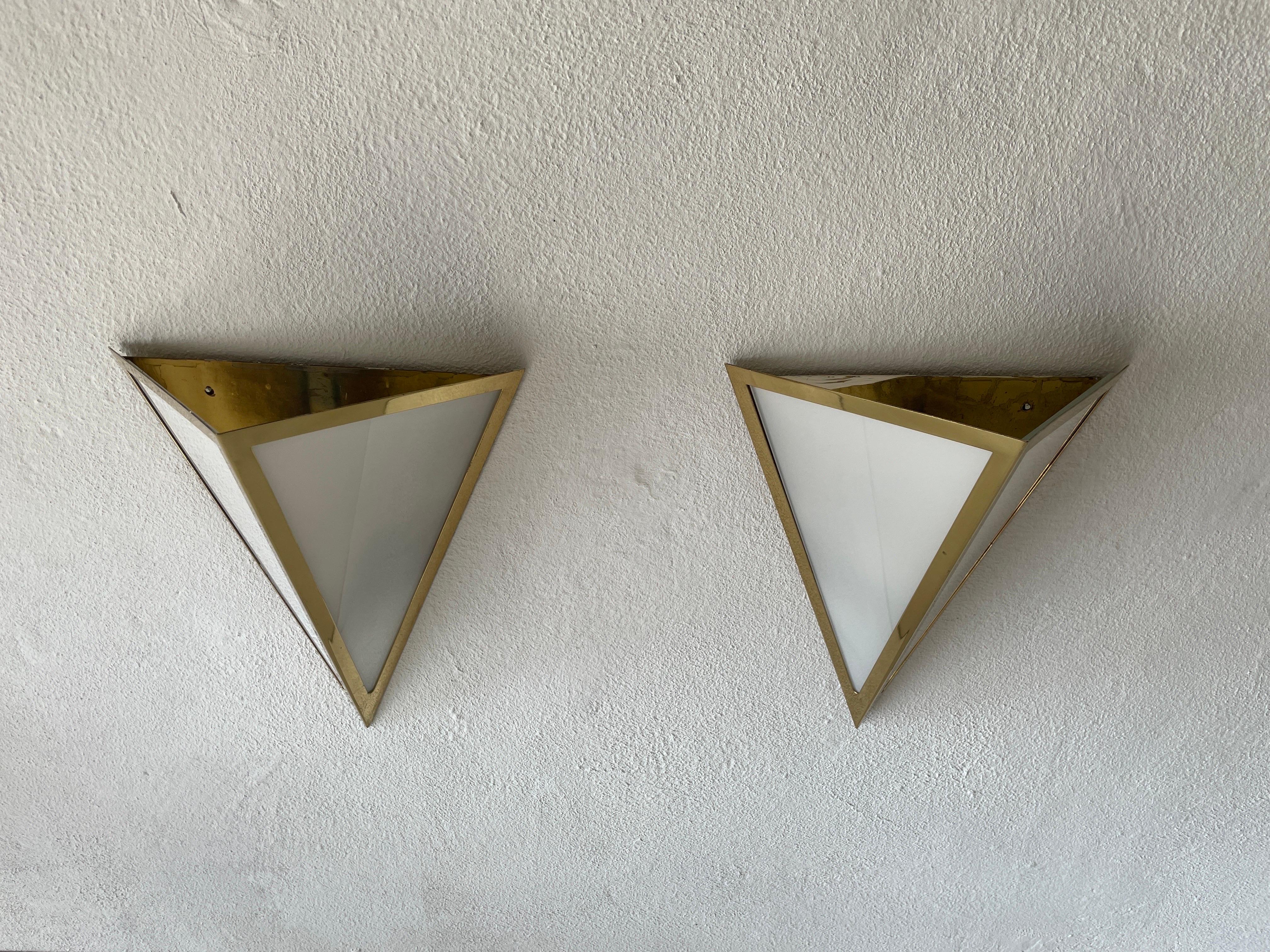Mid-Century Modern Triangle Design Opal Glass and Gold Metal Pair of Sconces by WKR, 1970s, Germany For Sale