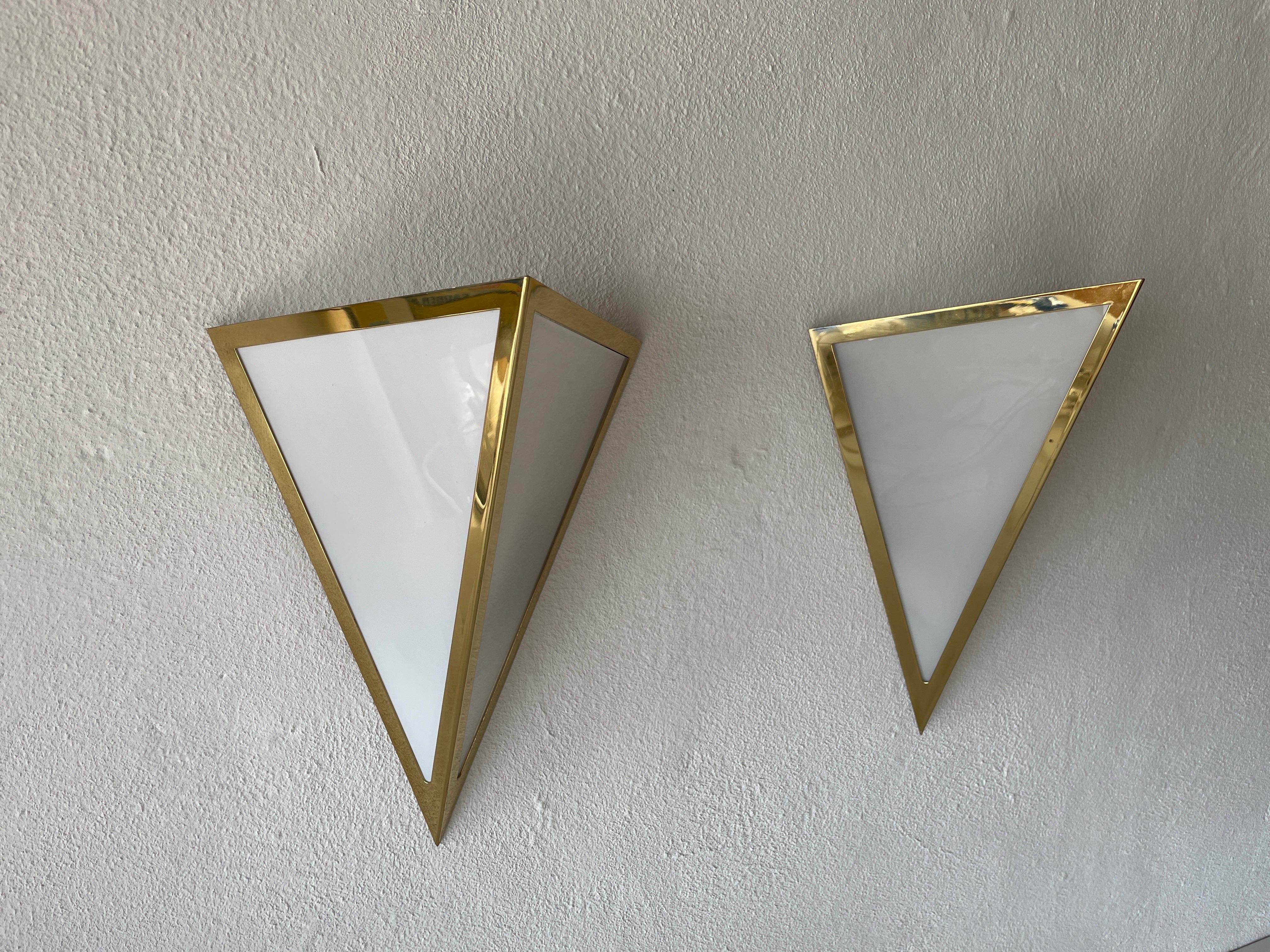 Triangle Design Opal Glass and Gold Metal Pair of Sconces by WKR, 1970s, Germany In Good Condition For Sale In Hagenbach, DE
