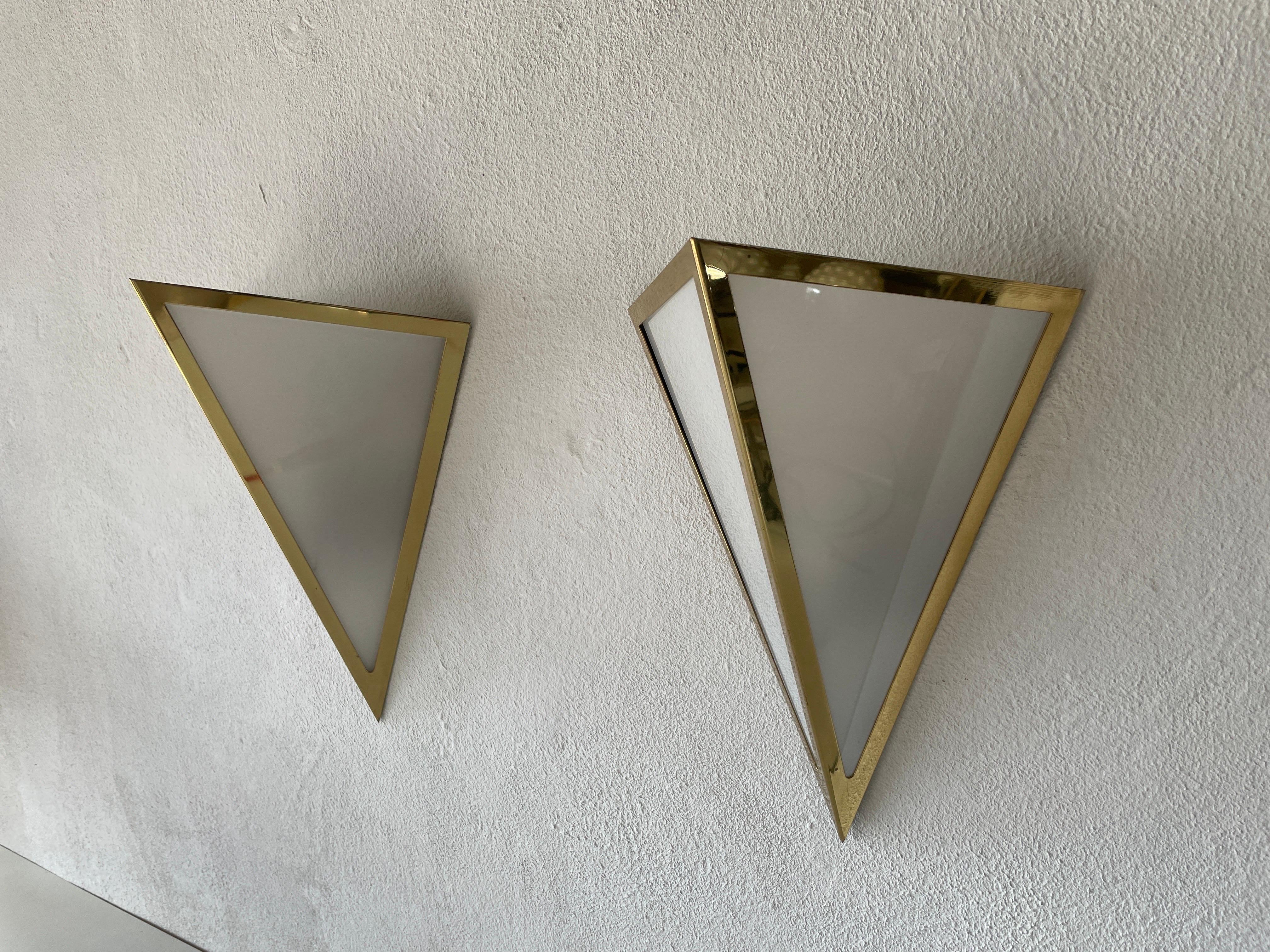 Late 20th Century Triangle Design Opal Glass and Gold Metal Pair of Sconces by WKR, 1970s, Germany For Sale