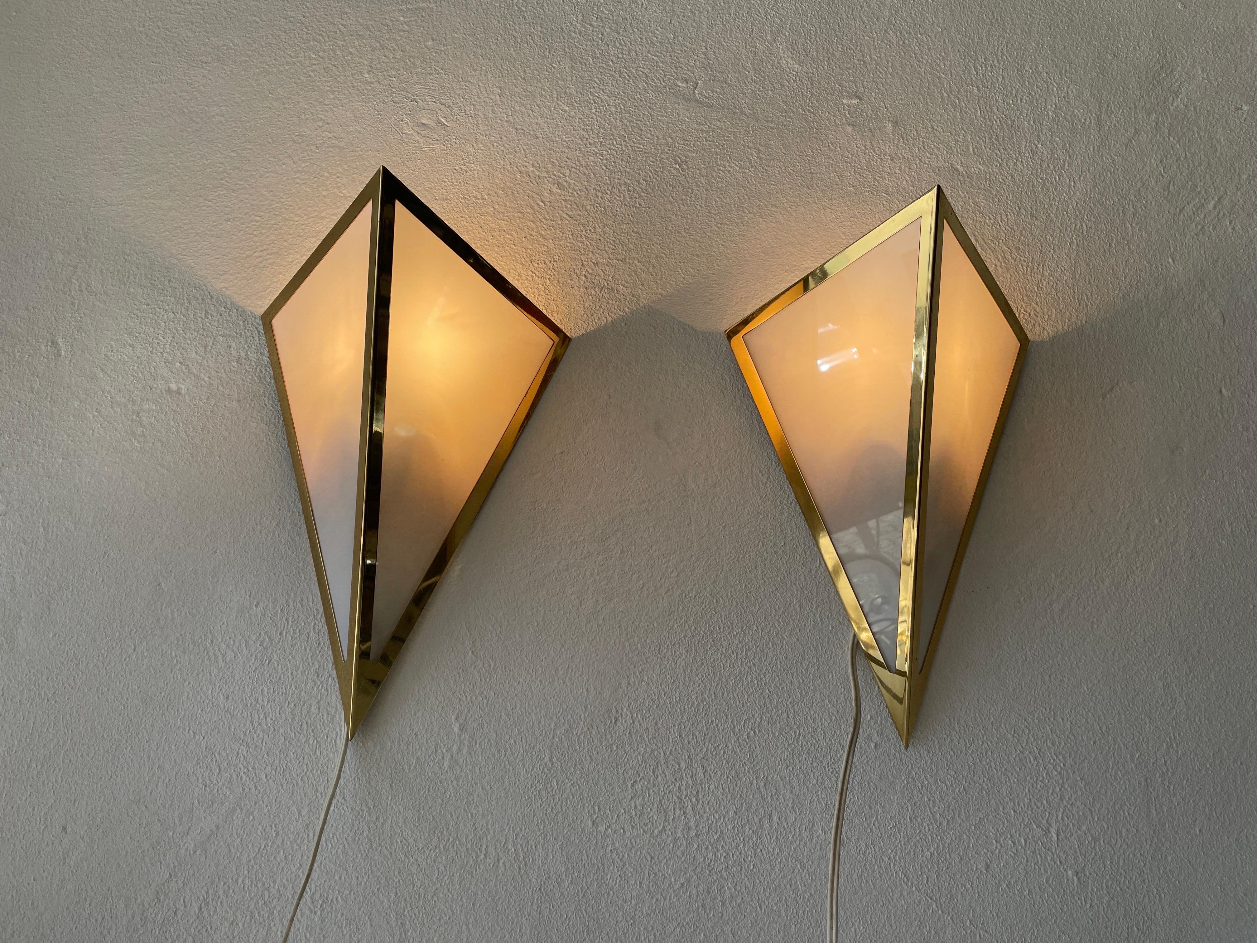 Triangle Design Opal Glass and Gold Metal Pair of Sconces by WKR, 1970s, Germany For Sale 2