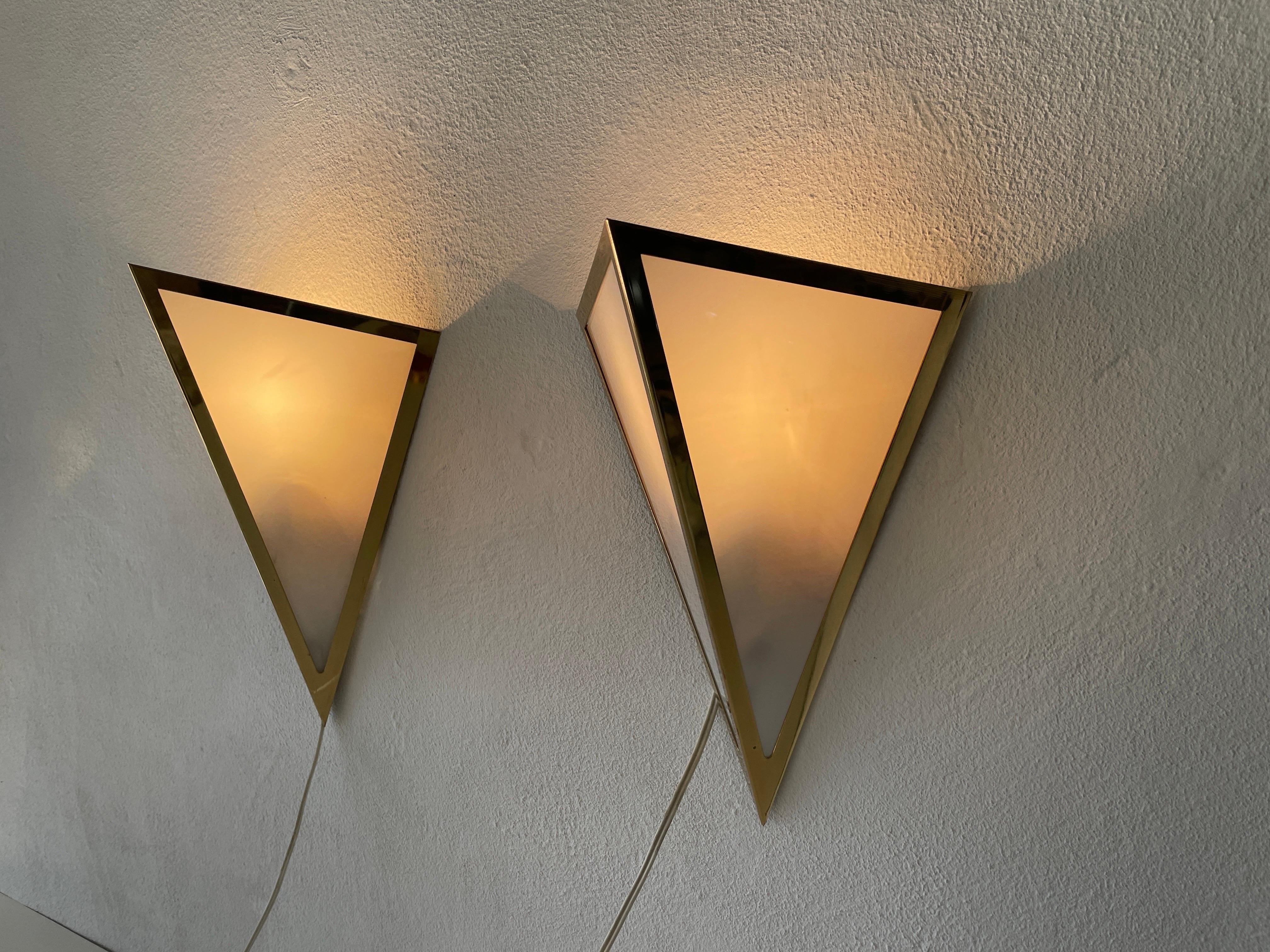 Triangle Design Opal Glass and Gold Metal Pair of Sconces by WKR, 1970s, Germany For Sale 3