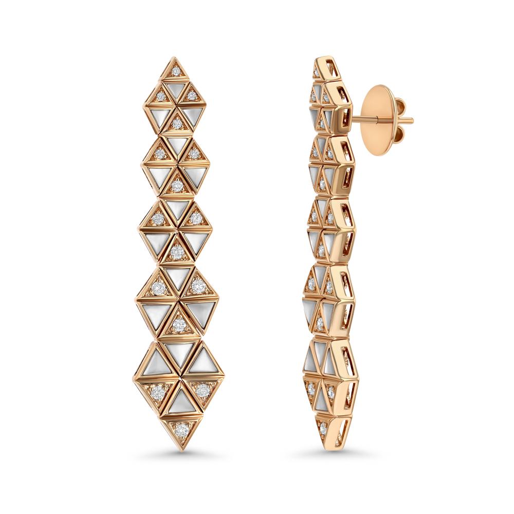 With 32 white diamonds and 32 mother of pearls trickling down arrays of rose gold triangles, these geometric drop earrings offer an intricate and alluring elegance to any look. 


(18k rose gold, 32 white diamonds, 32 mother of pearls)