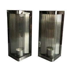Triangle Form Polished Stainles Steel and Reeded Glass Wall Lights, Italy, 1990s