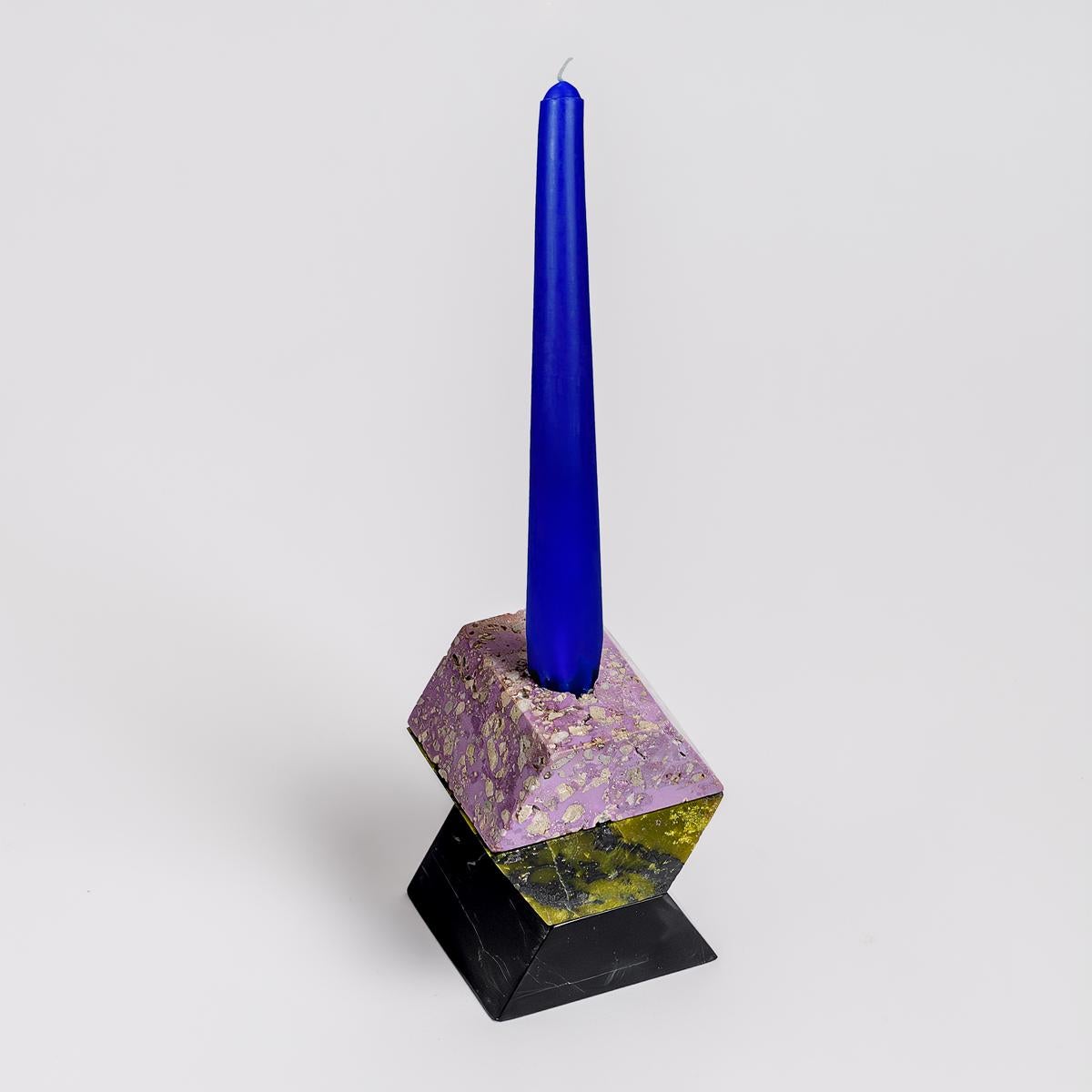 Intagliato Puzzle di gemme a triangolo / Candelabro a 3 pezzi Lilla, Onice nera, Serpentino verde in vendita